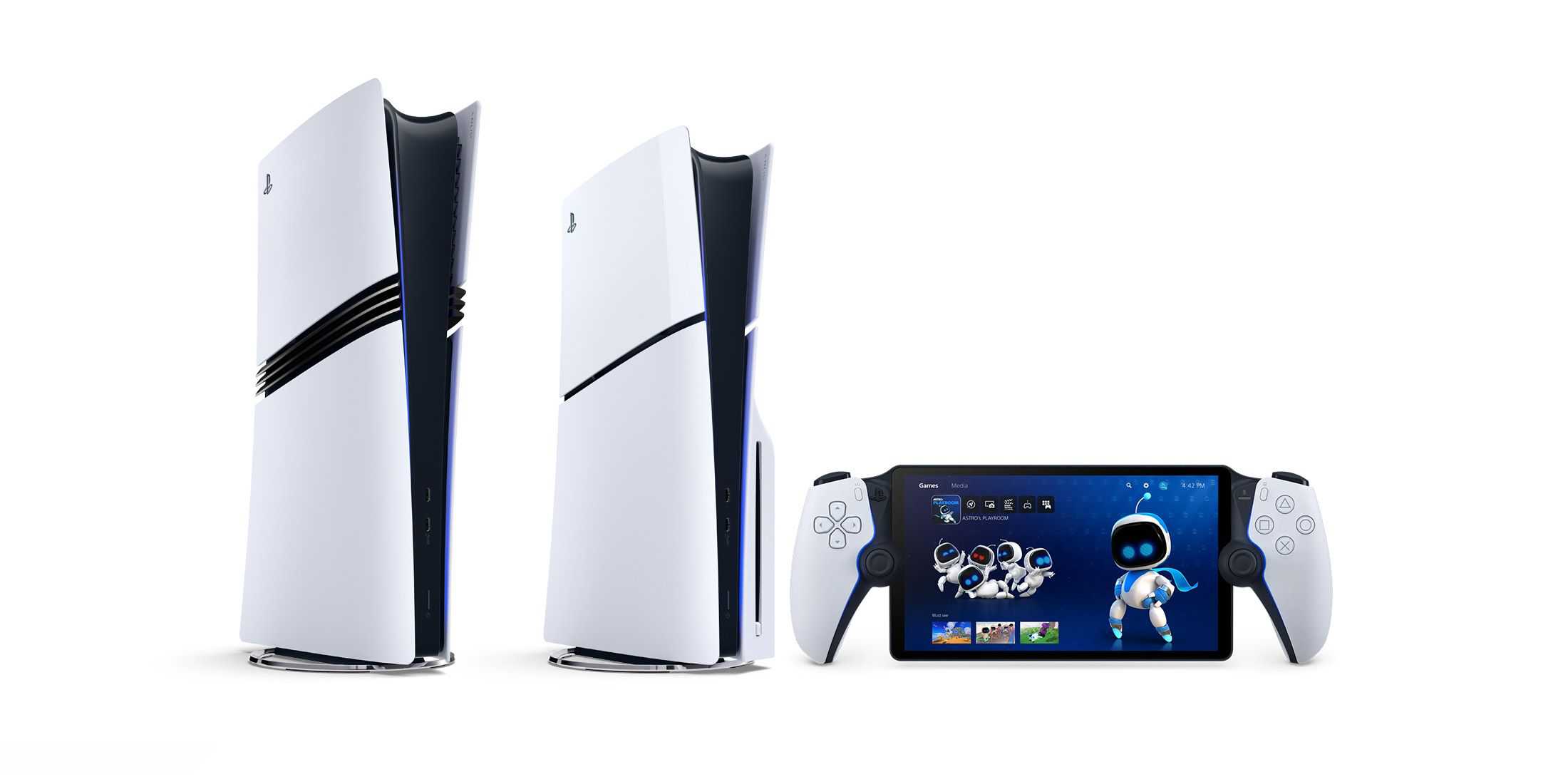 PlayStation 5 Pro next to PS5 next to PS Portal on white background 2x1 composite