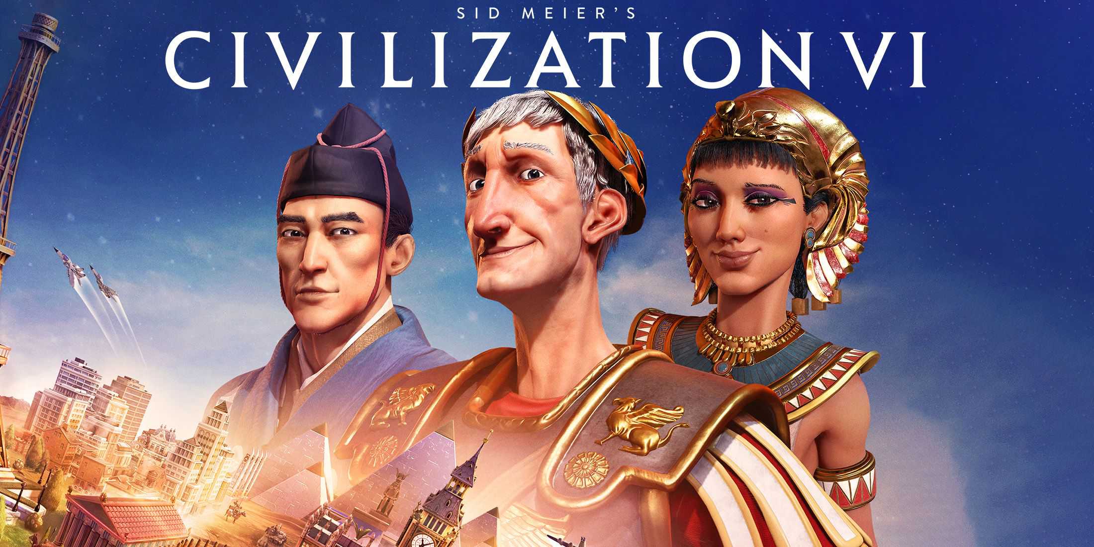 Sid Meier's Civilization 6 arte-chave 2x1 crop com logotipo do jogo branco composto