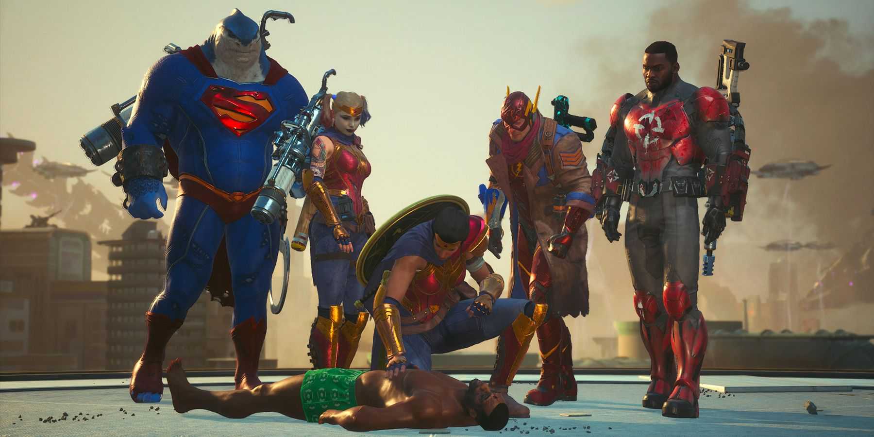 The Suicide Squad and Wonder Woman at Green Lantern's body in Suicide Squad Kill the Justice League