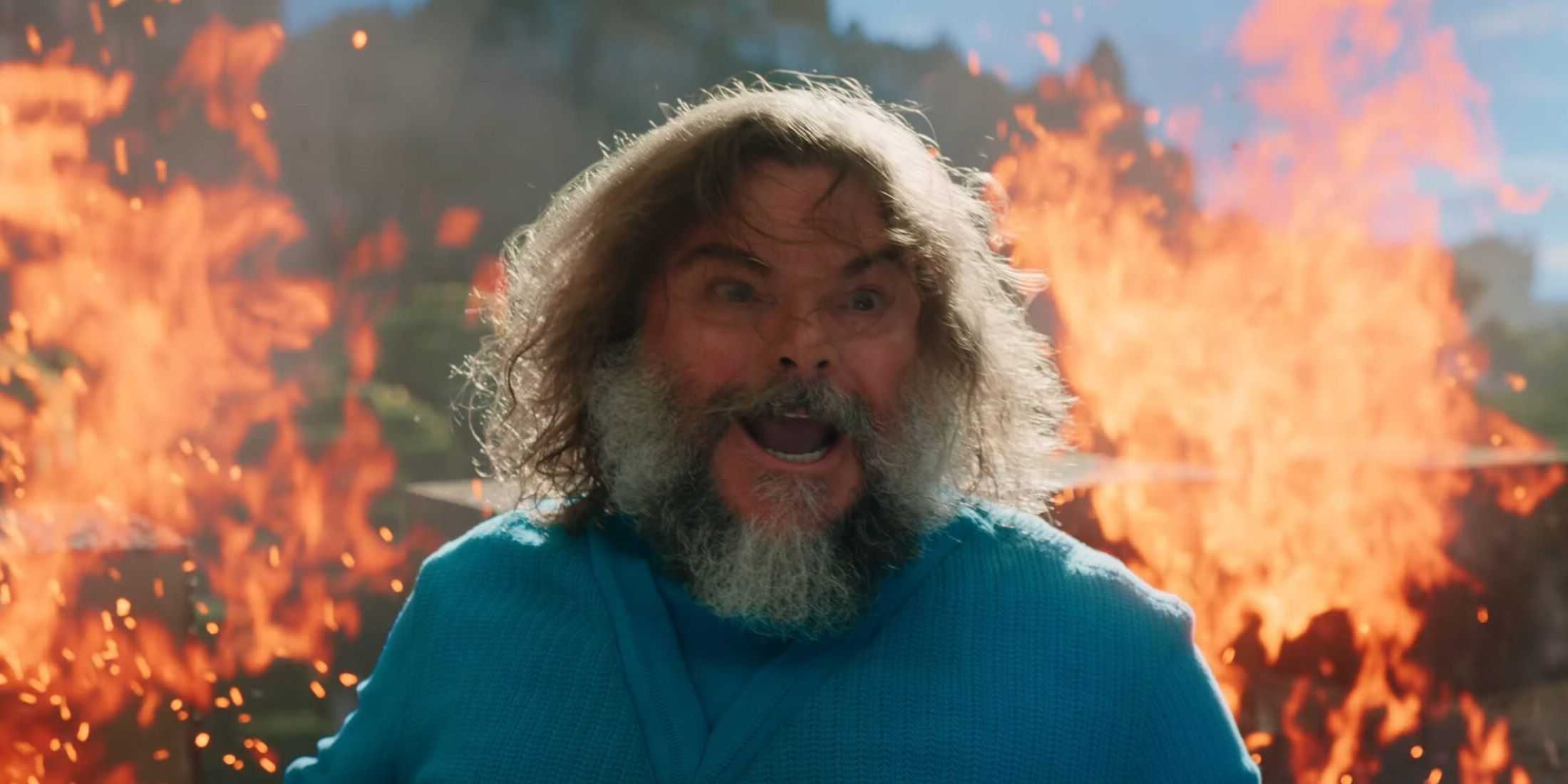 Minecraft Movie Jack Black Steve in front of fire