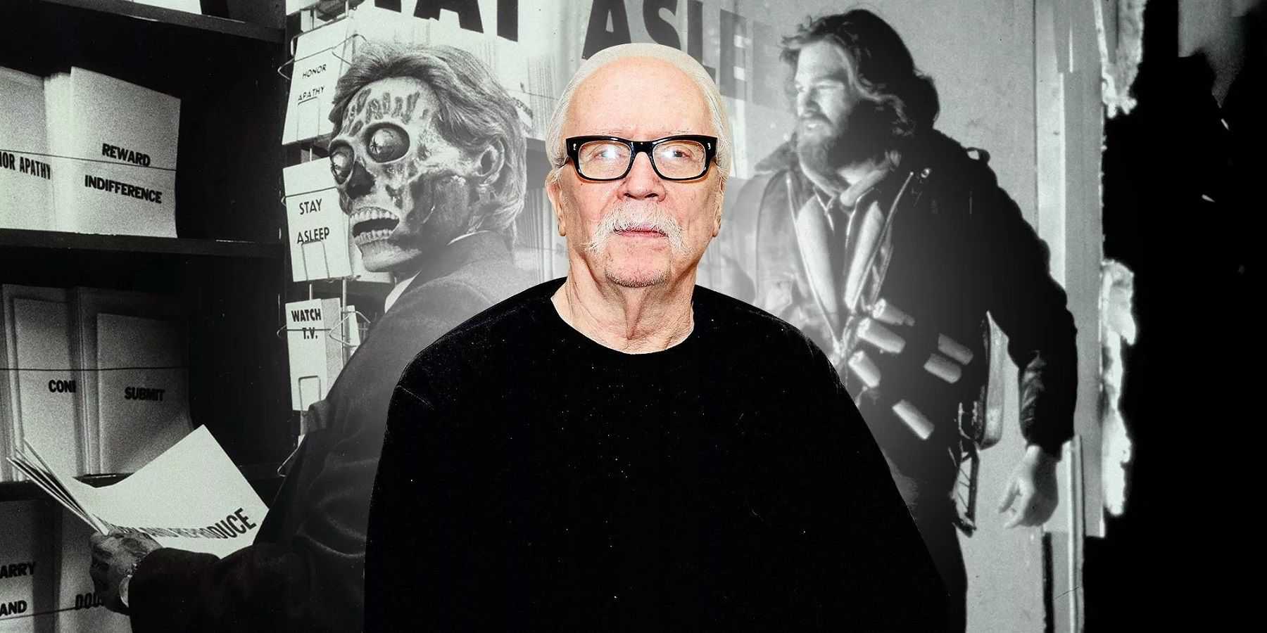 Imagem de John Carpenter na frente de imagens em preto e branco de Eles Vivem e O Enigma de Outro Mundo.