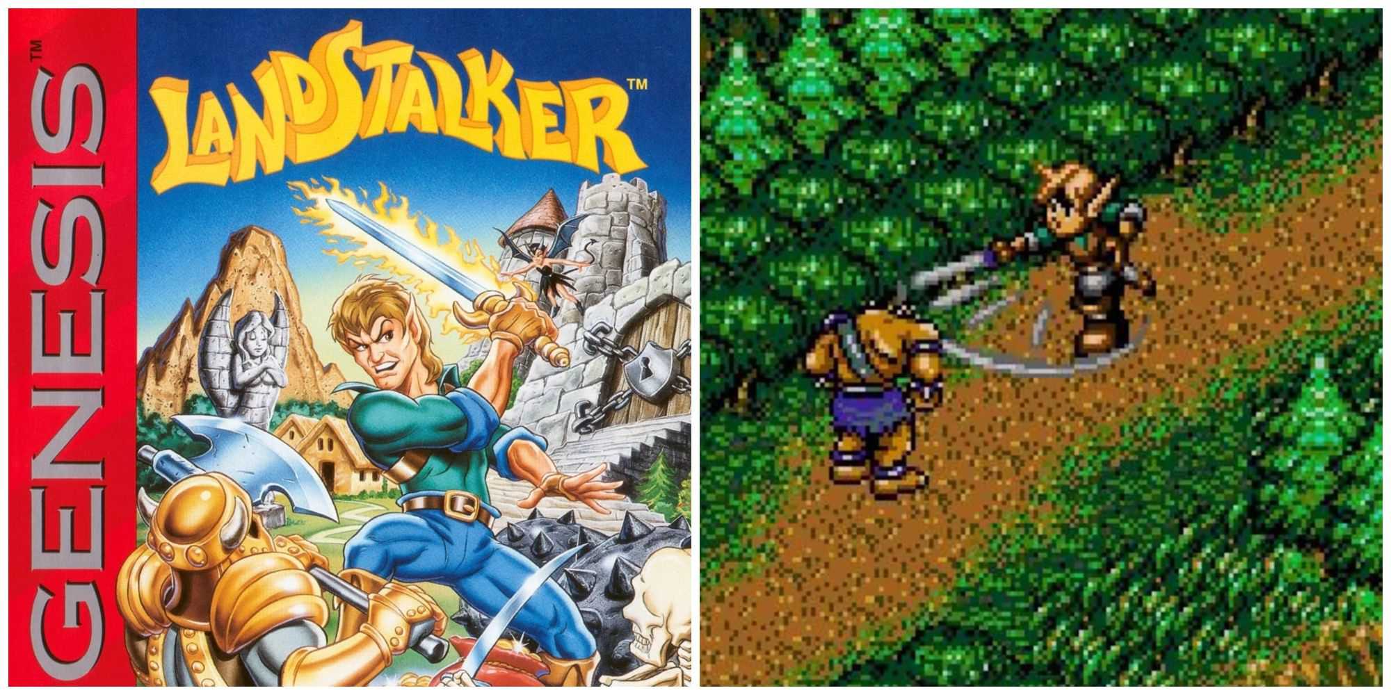 Captura de tela e arte da capa do Landstalker para Sega Genesis/Mega Drive