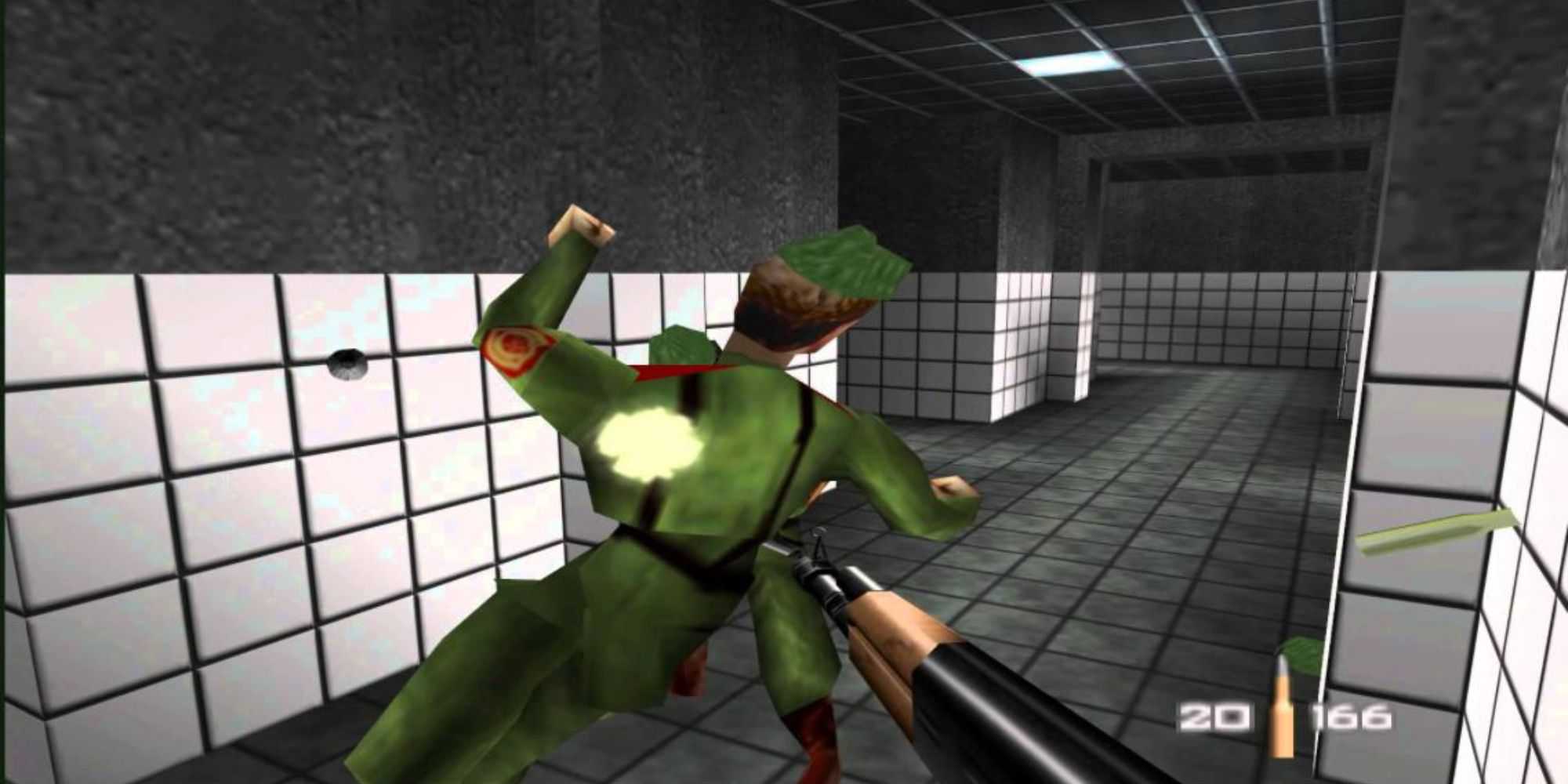 A player shooting at a guard in GoldenEye 007