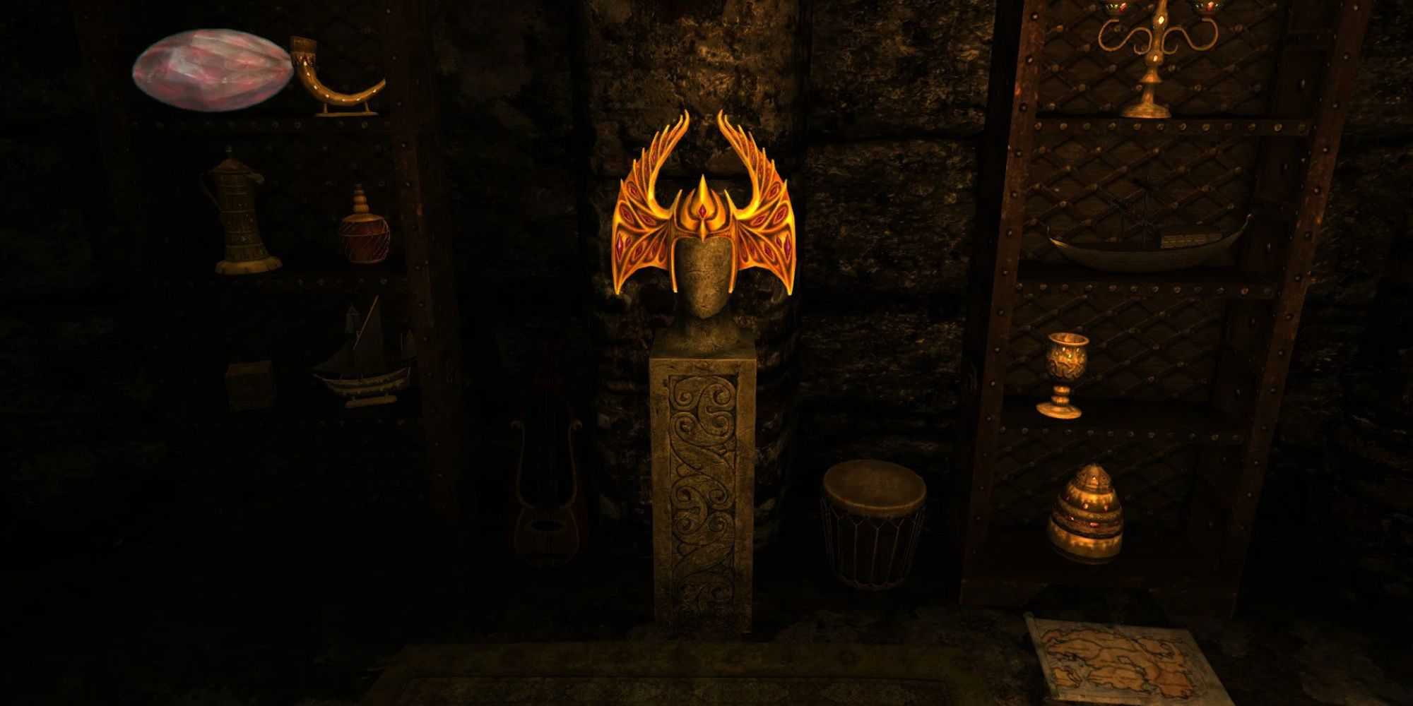 Busto em exposição da Coroa de Barenziah em Skyrim