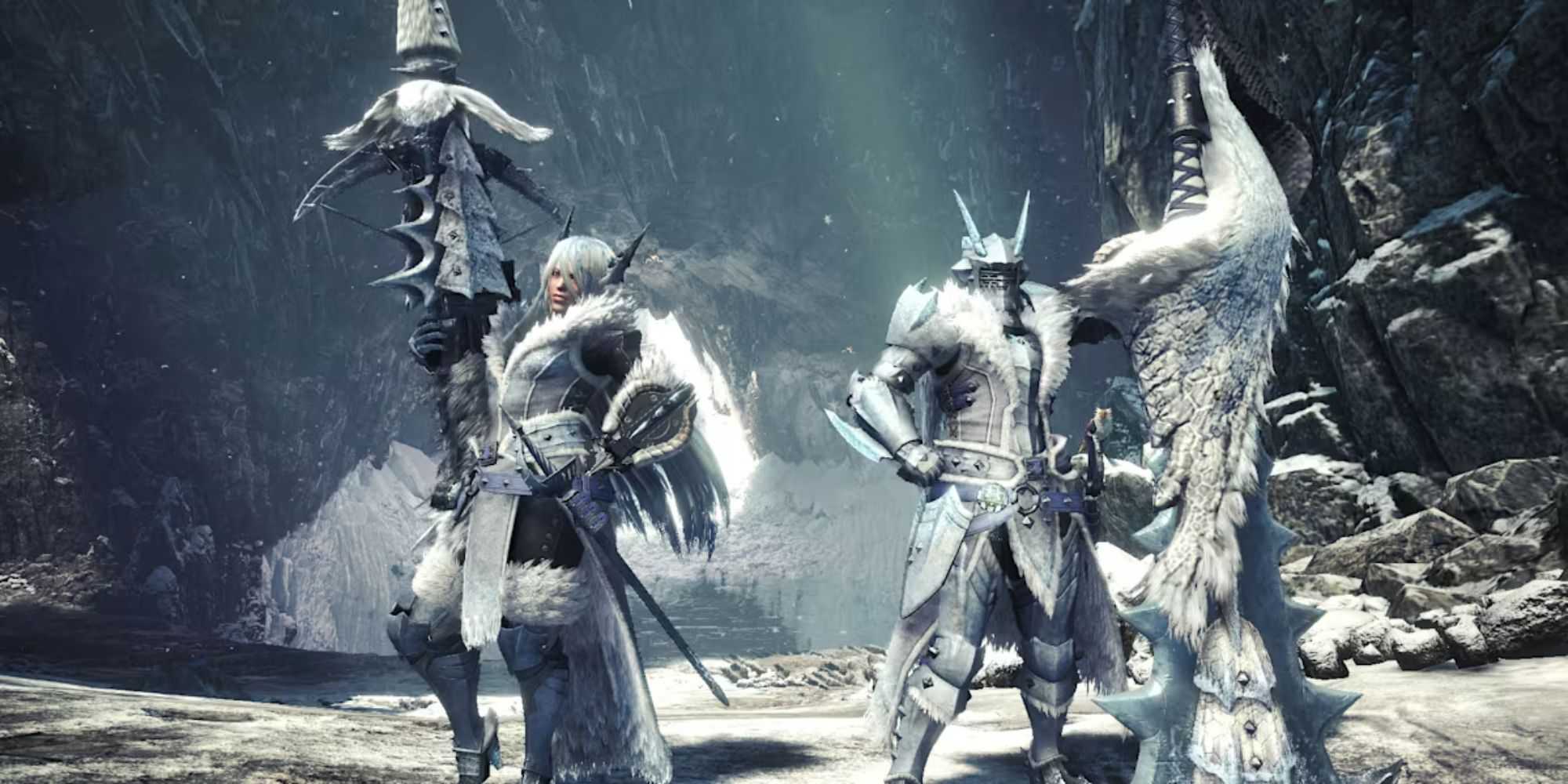 Caçadores com armadura e armas Frostfang Barioth em Monster Hunter World