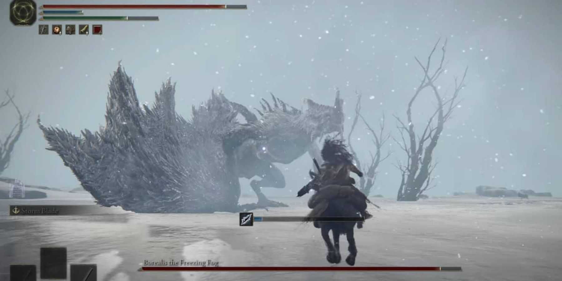 Player fighting Borealis the Freezing Fog in Elden Ring.