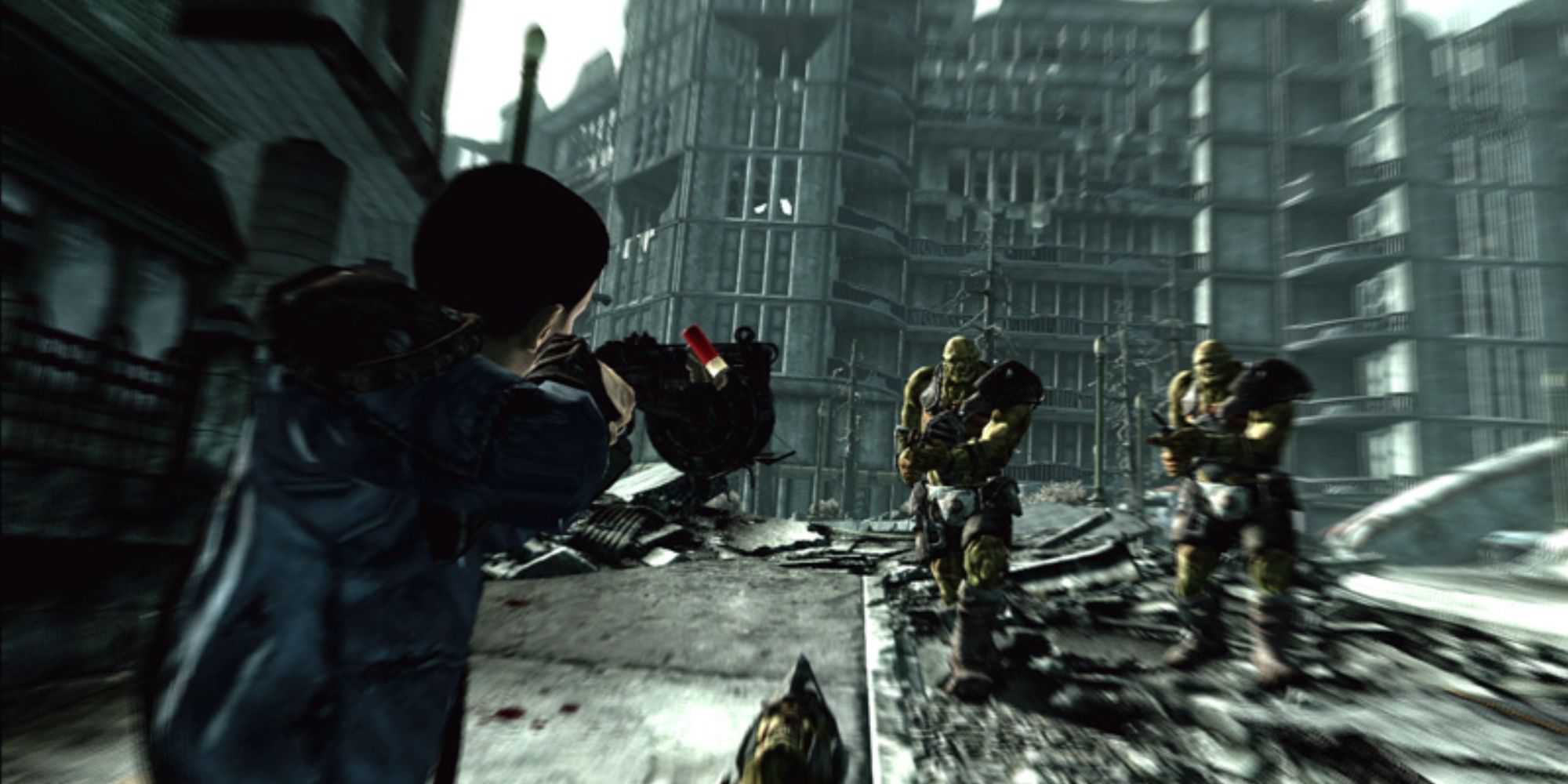 Character shooting at 2 super mutants in Fallout 3 