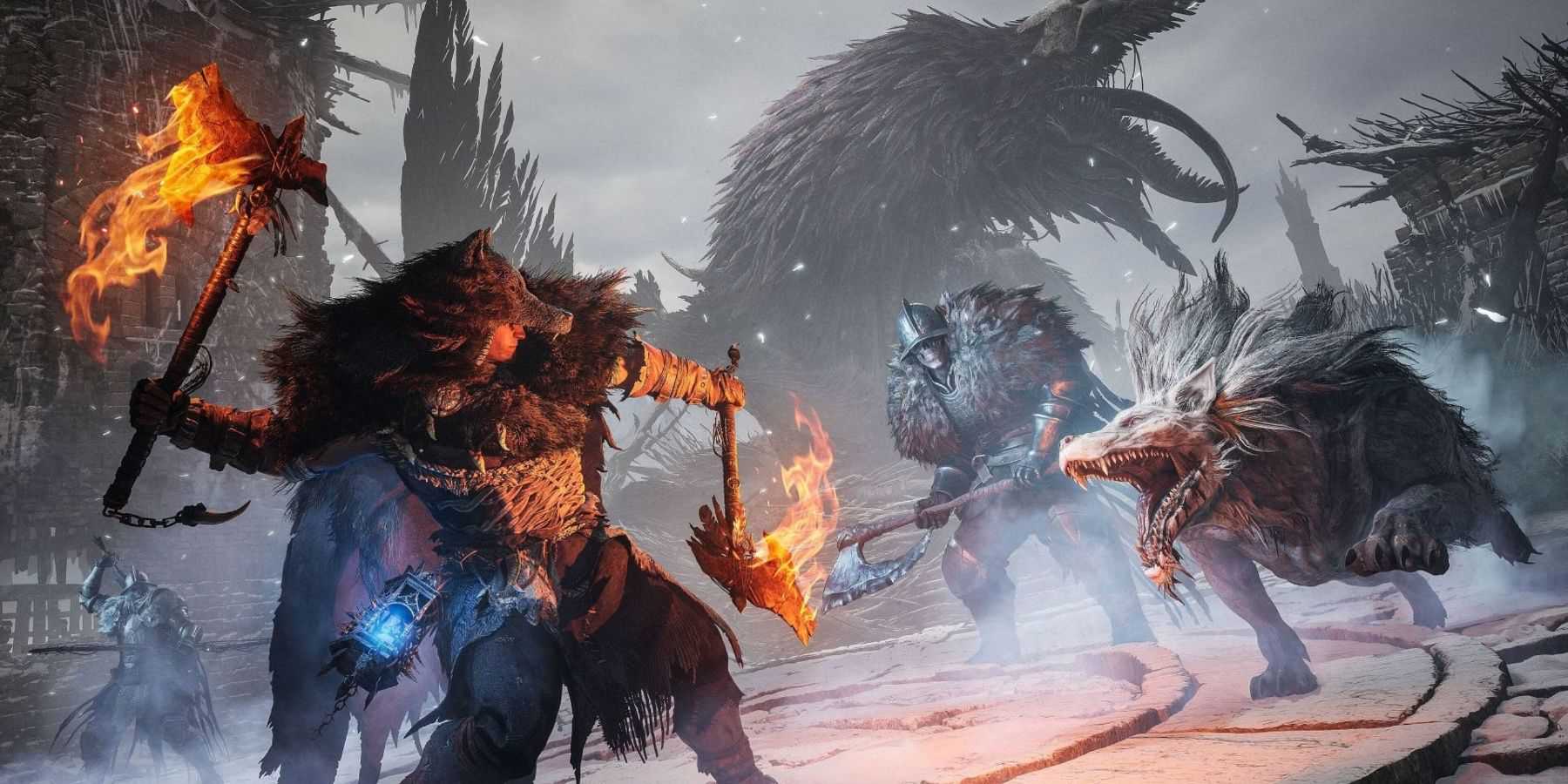 The player character fighting with flaming axes in Lords of the Fallen.