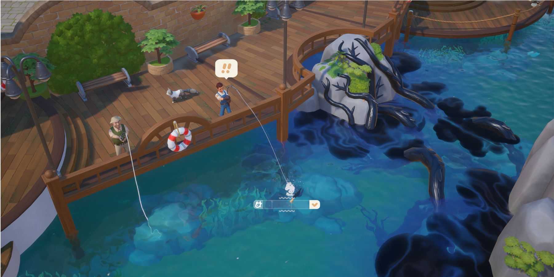 a coral island character fishing near the ocean.