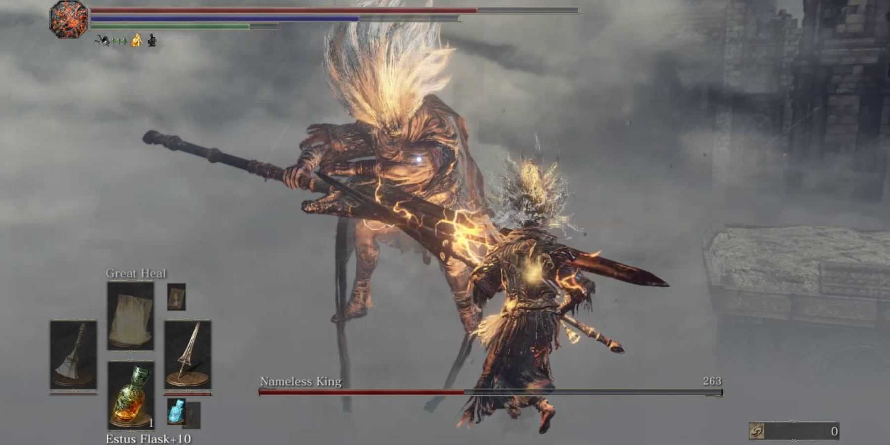 A player battling the Nameless King