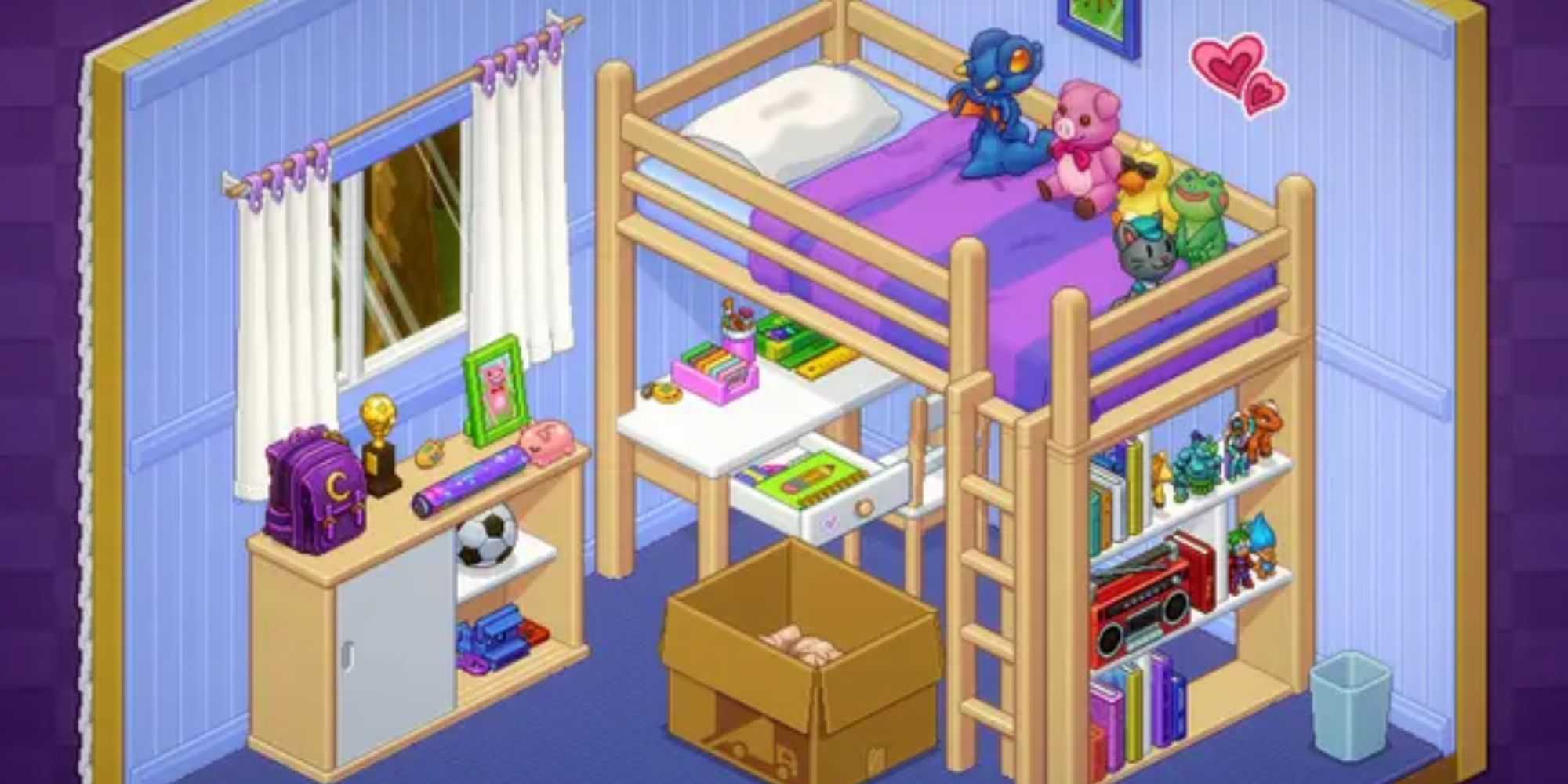 a screenshot of gameplay Unpacking. The image shows a child's room with stuffed toys and a box.