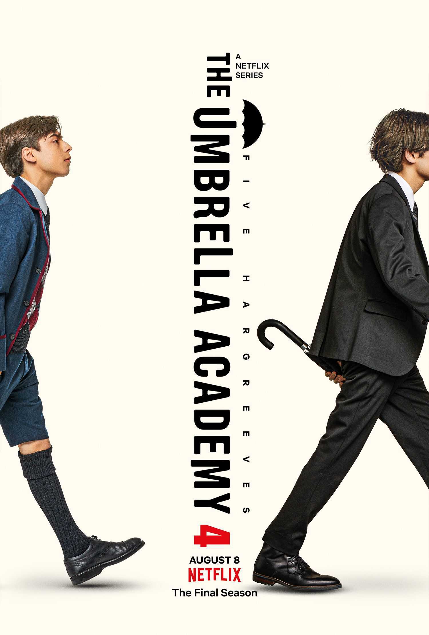 Cartaz da quarta temporada de The Umbrella Academy mostrando cinco andando