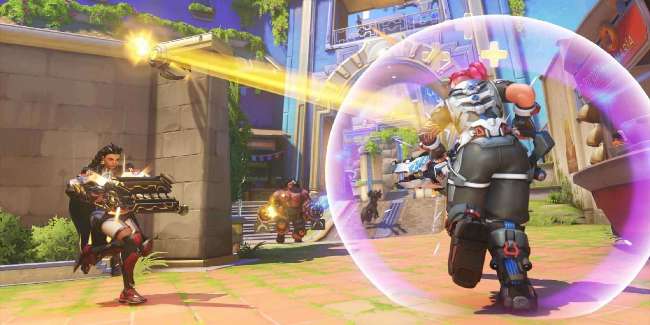 Overwatch 2 Zarya Surrounded by a Barrier in a Firefight