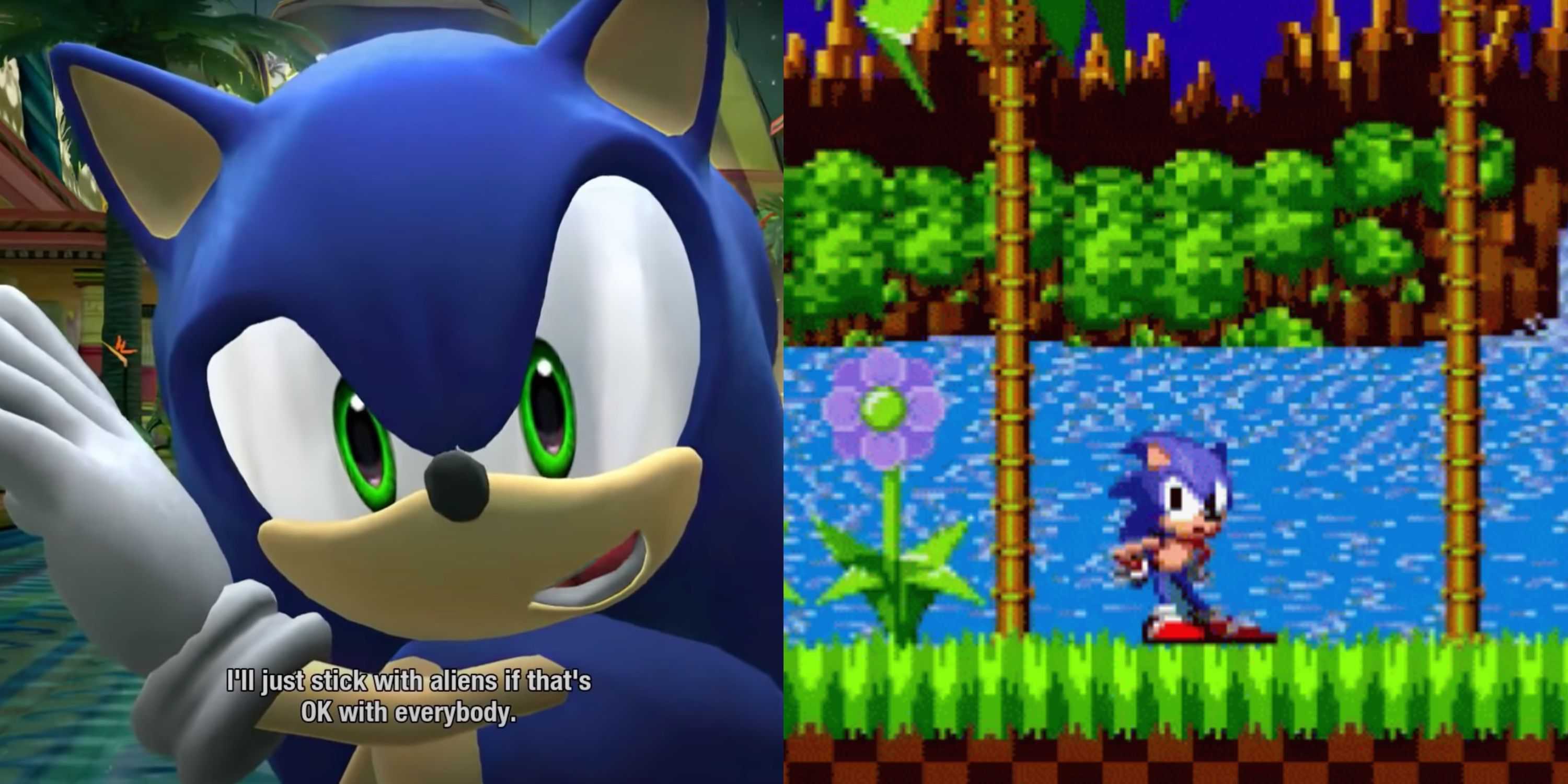 Sonic quebrando a 4ª parede em cores sonoras, e Sonic batendo o pé e olhando irritado para o jogador no jogo clássico