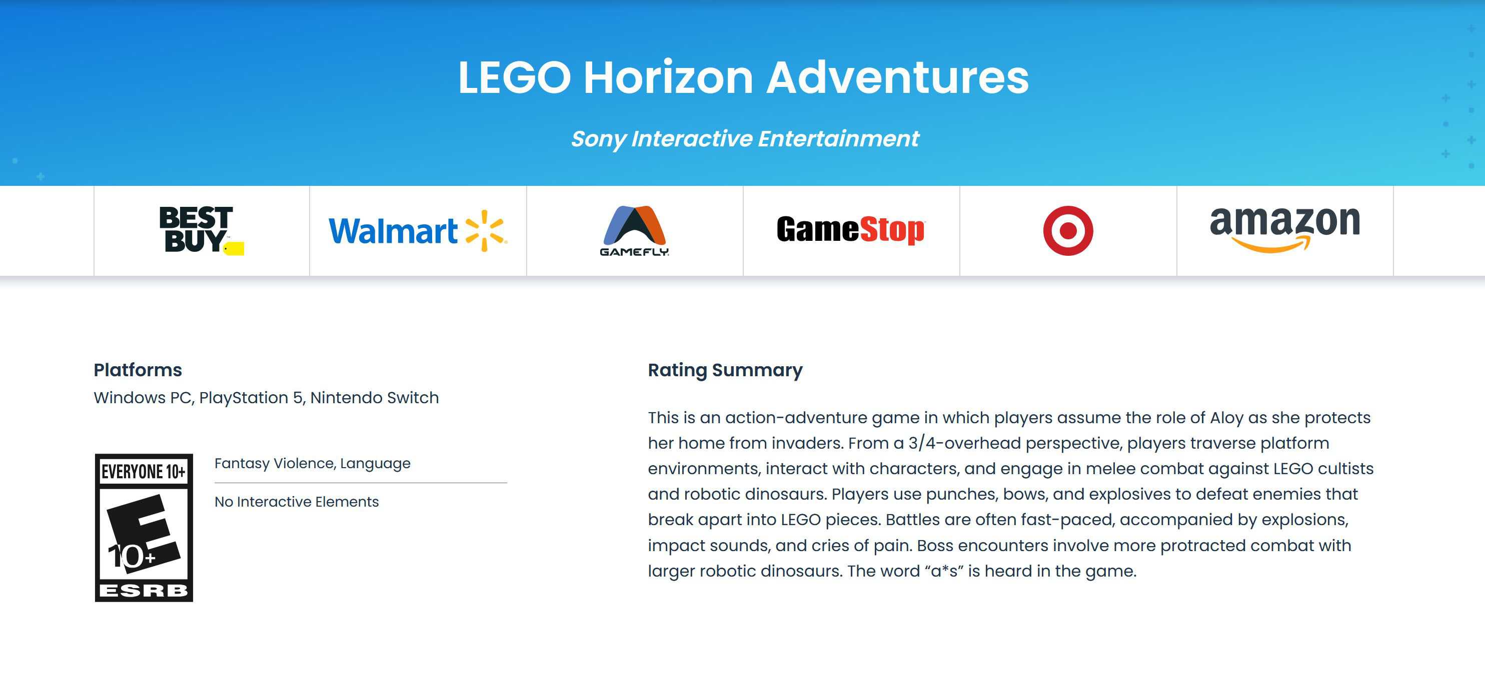 Classificação do LEGO Horizon Adventures