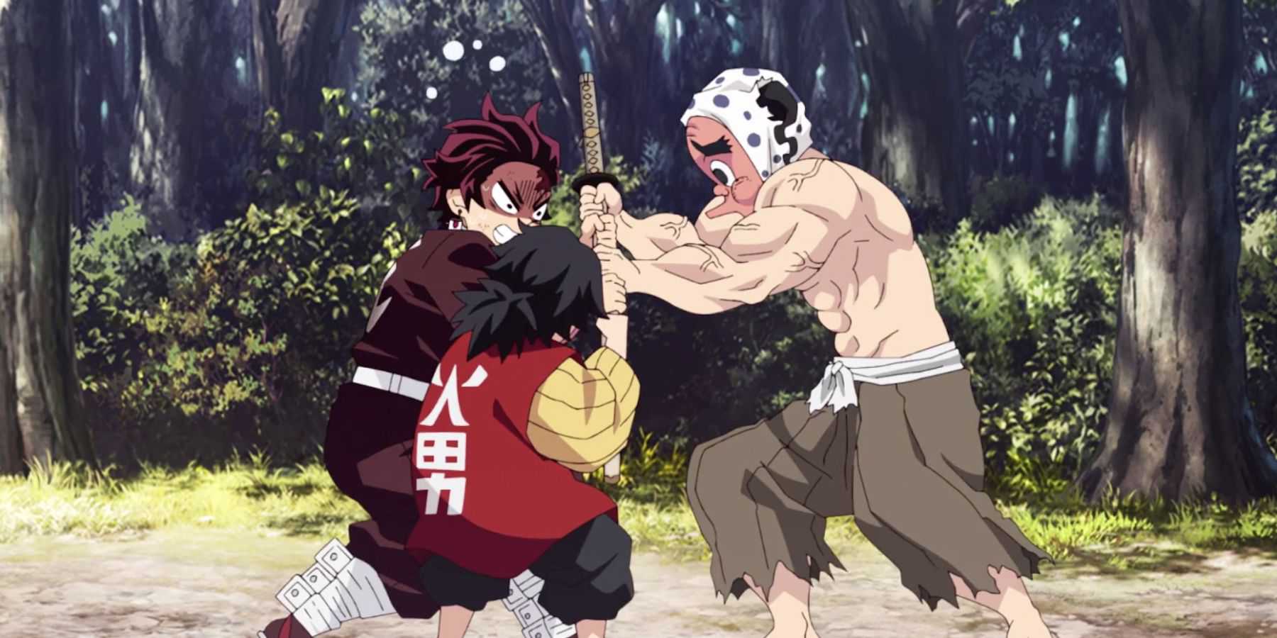 demon slayer tanjiro and haganezuka fighting