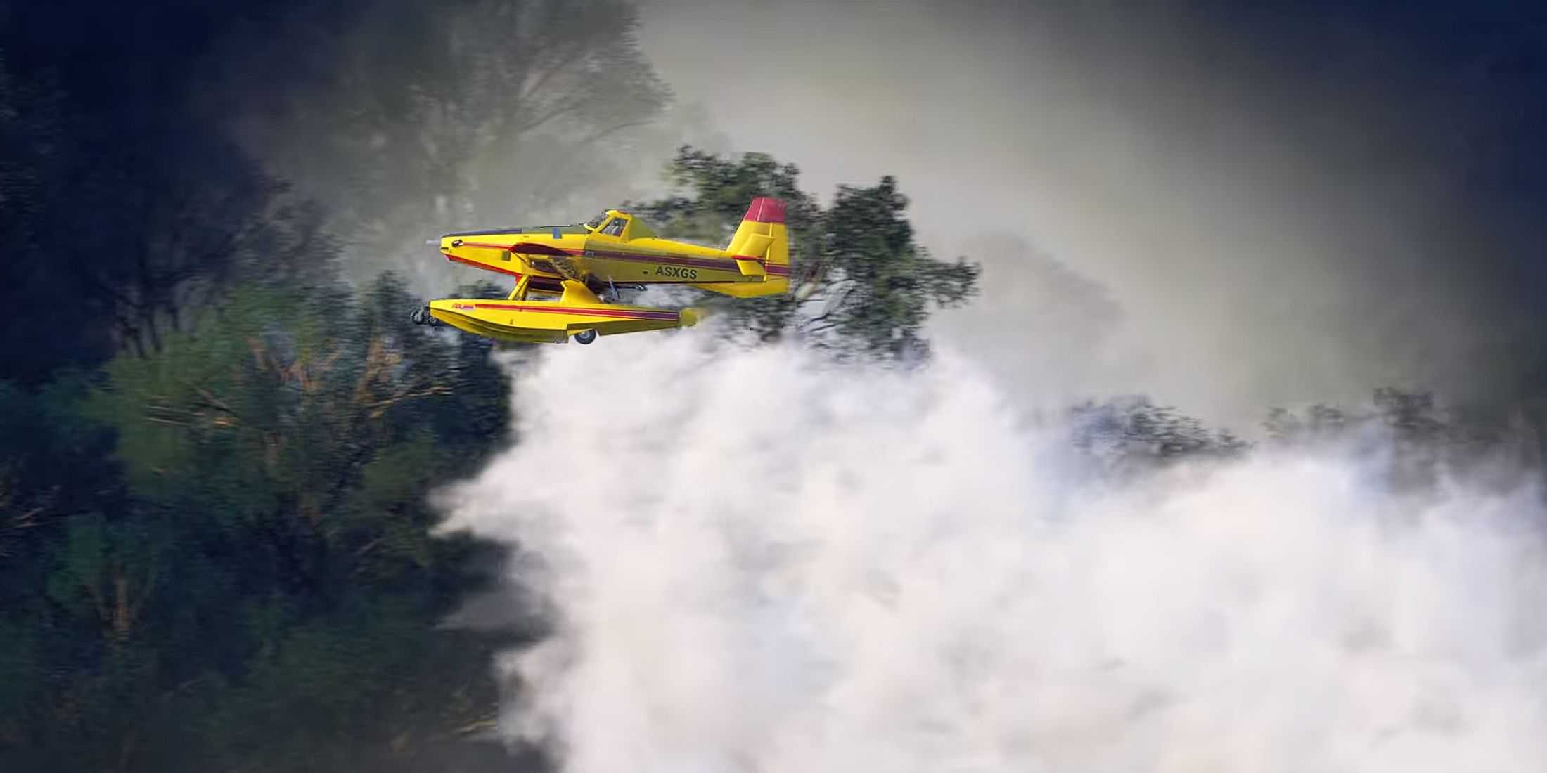 A screenshot from Microsoft Flight Simulator 2024's reveal trailer, showing aerial firefighting