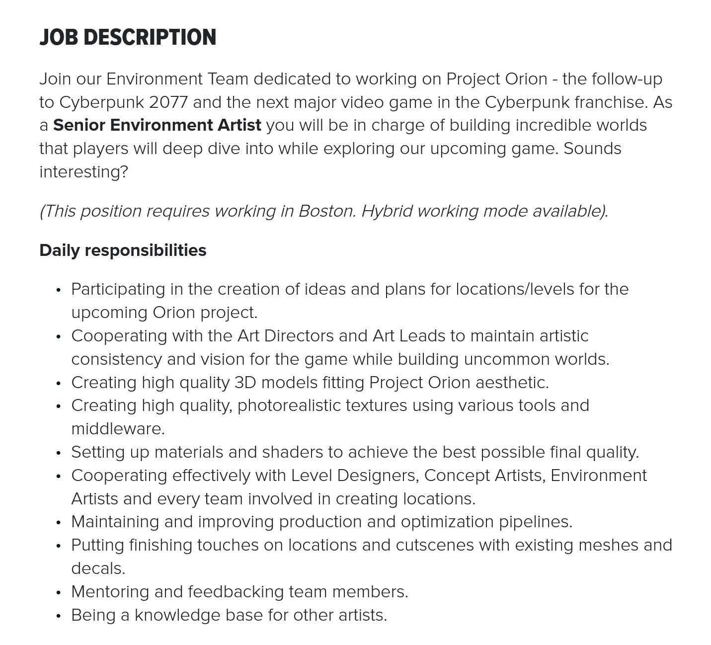 A screenshot of a job listing at CD Projekt Red for Project Orion.