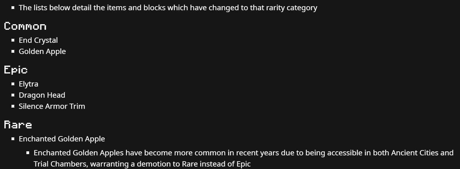 Minecraft Rarity Changelog