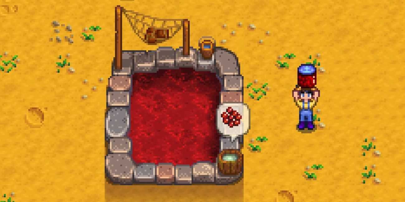 Um fazendeiro segurando ovas envelhecidas de enguia de lava perto de um lago de peixes de enguia de lava em Stardew Valley