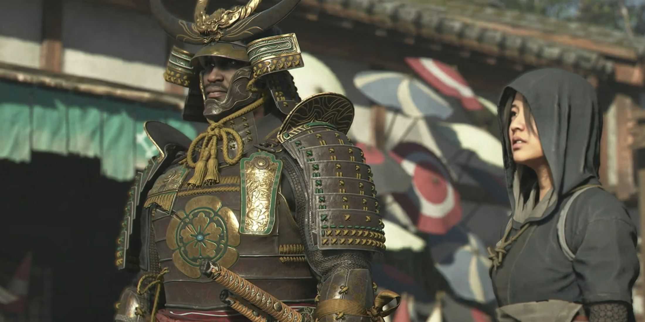 protagonists yasuke and naoe in a japanese village in assassin's creed shadows