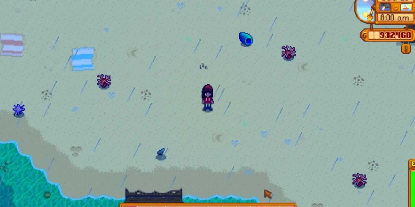 Jogador de Stardew Valley em pé na praia na chuva