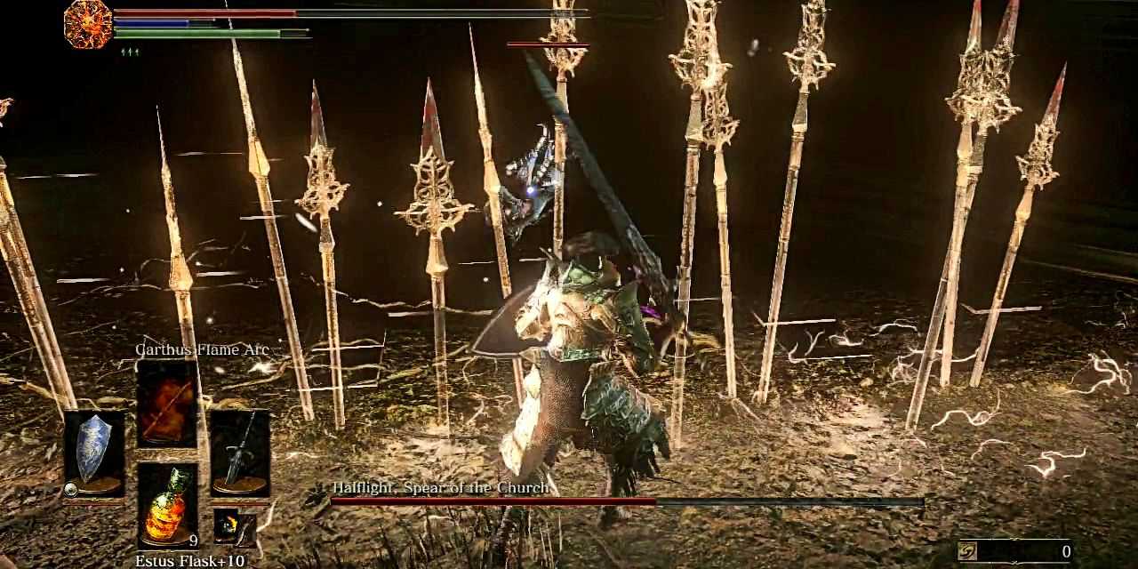 player fighting halflight with a greatsword while wearing heavy armor.