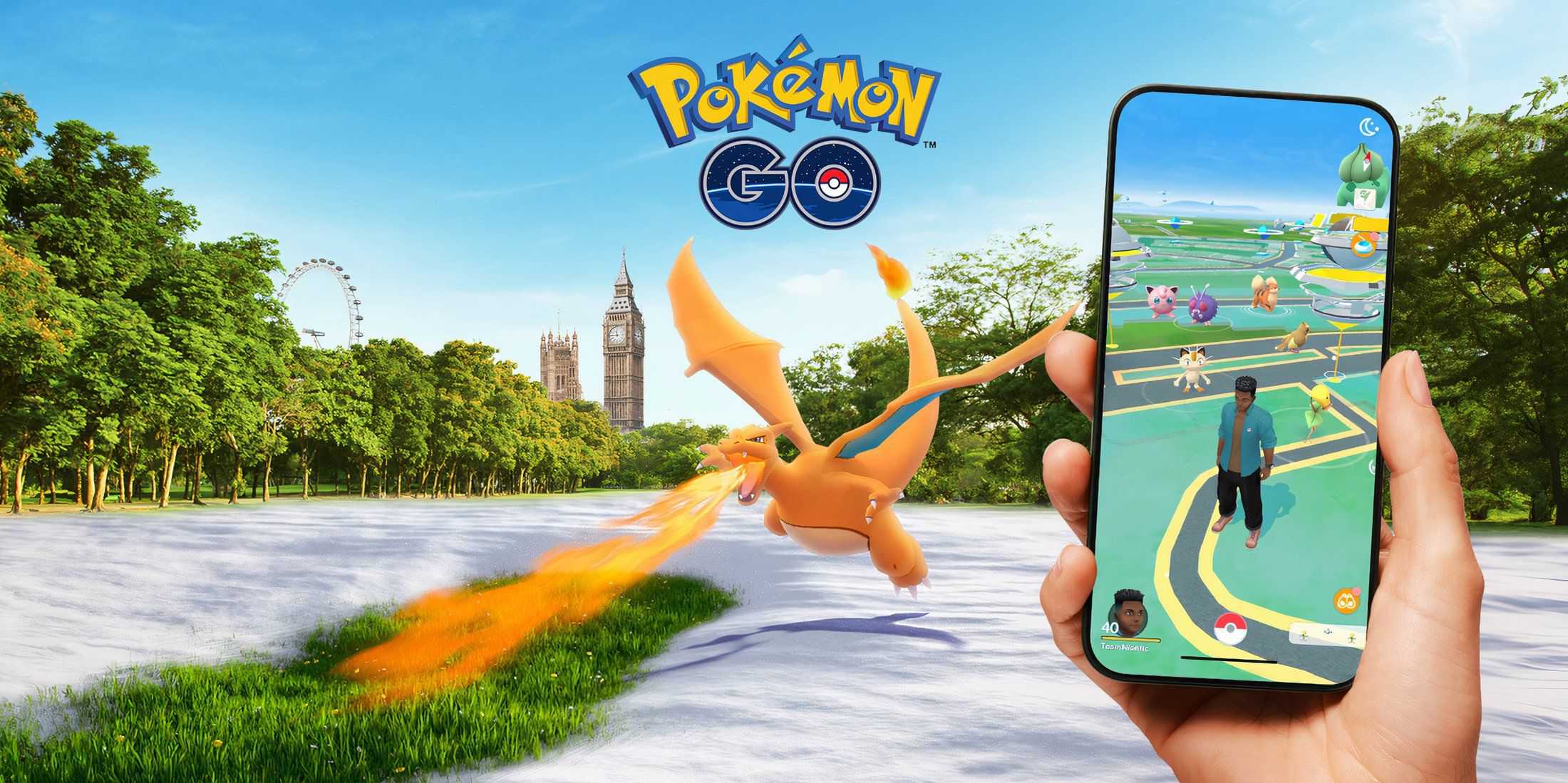 pokemon go with charizard flying by in the background