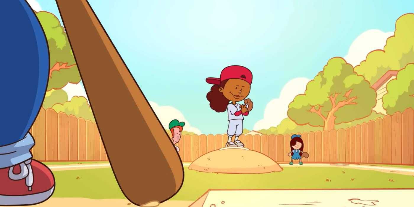 Stephanie about to pitch to Pablo in Backyard Sports' trailer