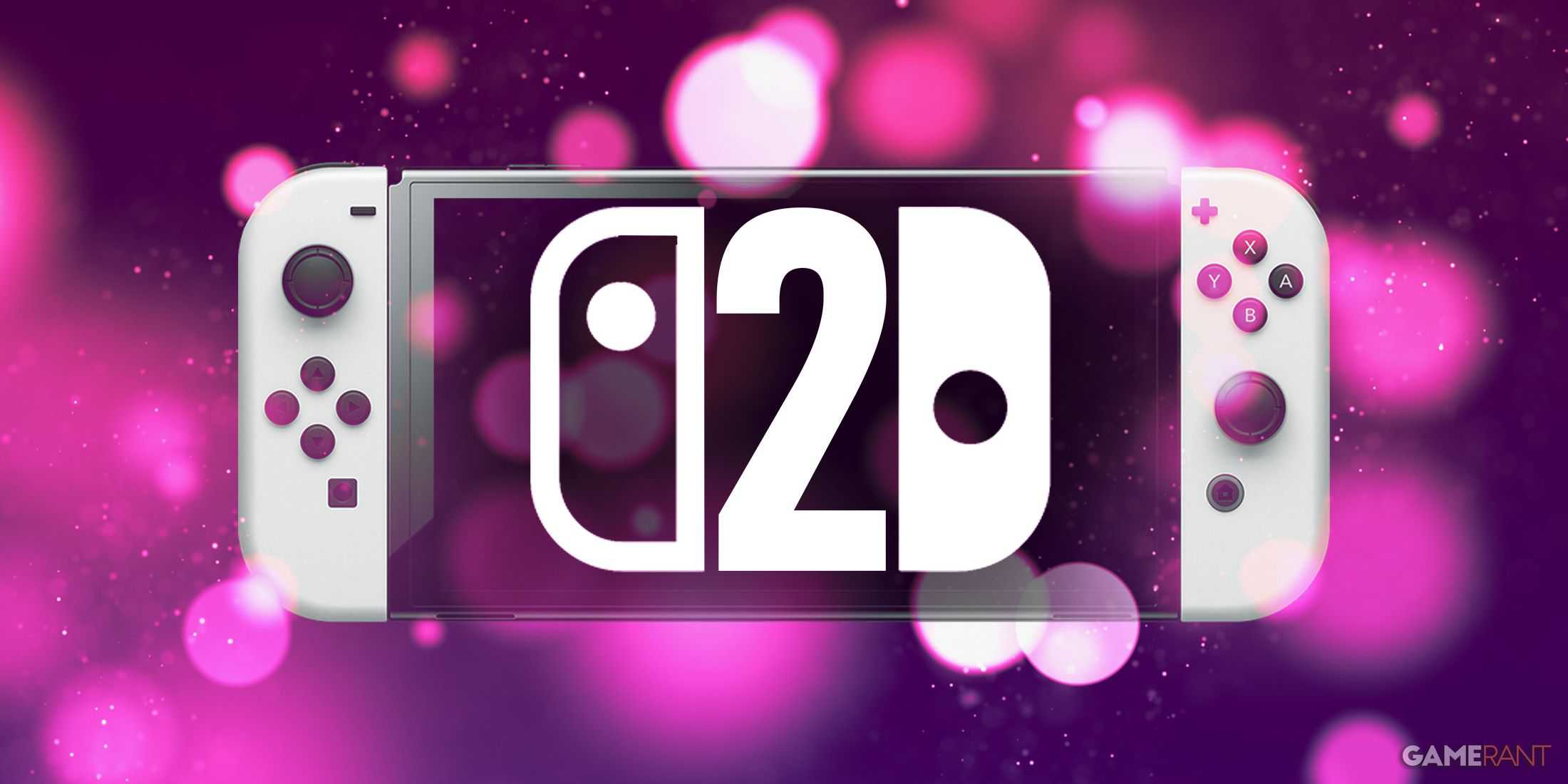 White Nintendo Switch OLED Model displaying Switch 2 logo amid pink bokeh