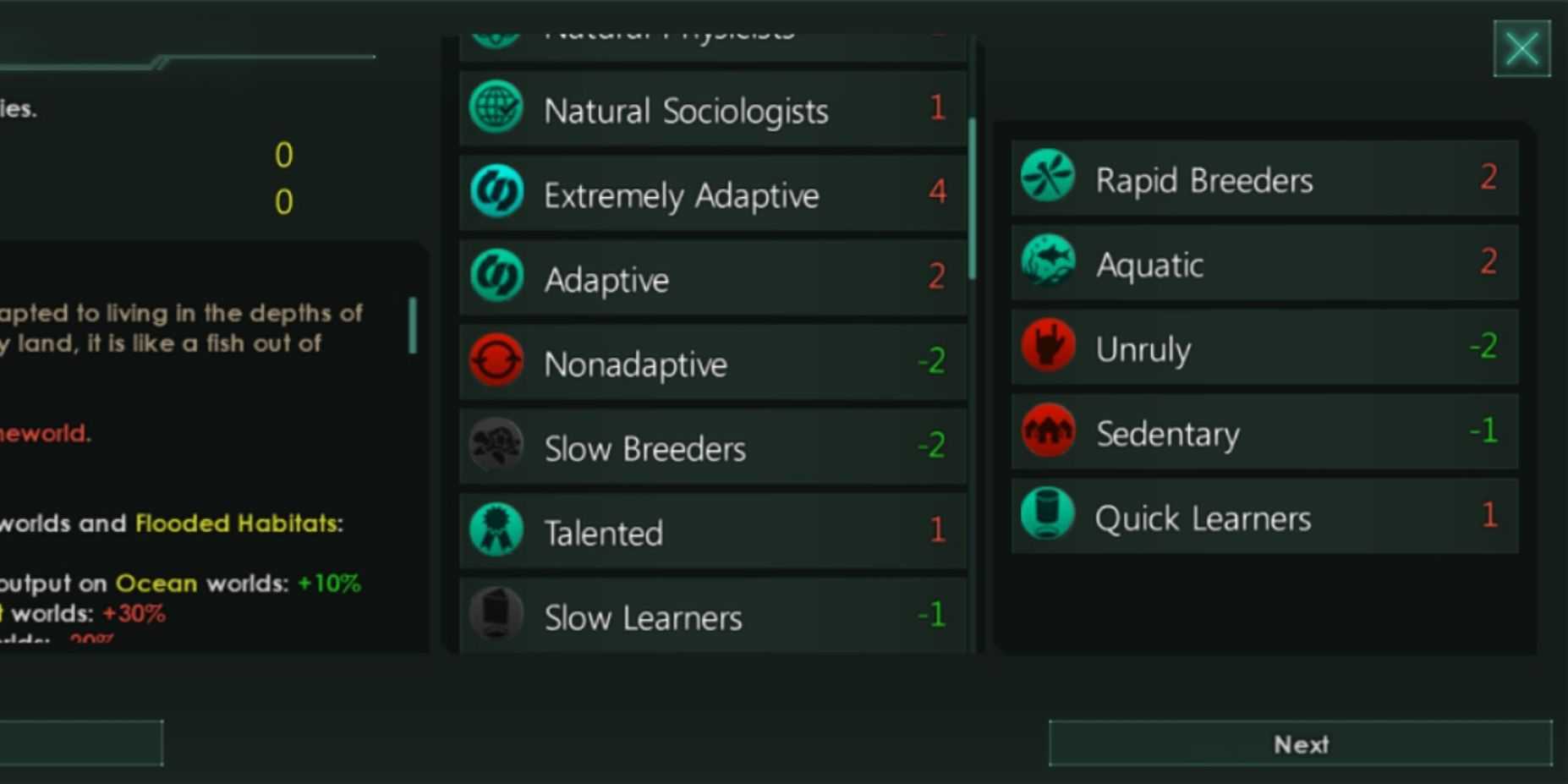 Captura de tela da lista de níveis de características Stellaris: Aquatic Rush