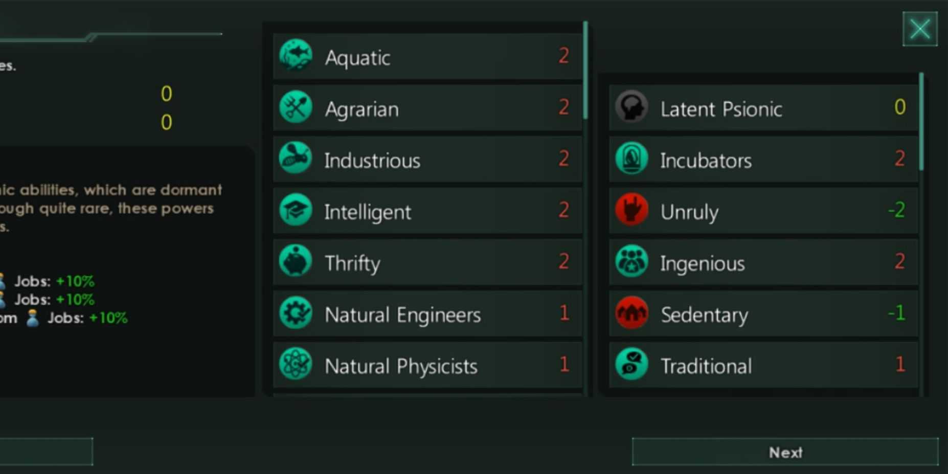 Captura de tela da lista de níveis de características Stellaris: Psionics Rush