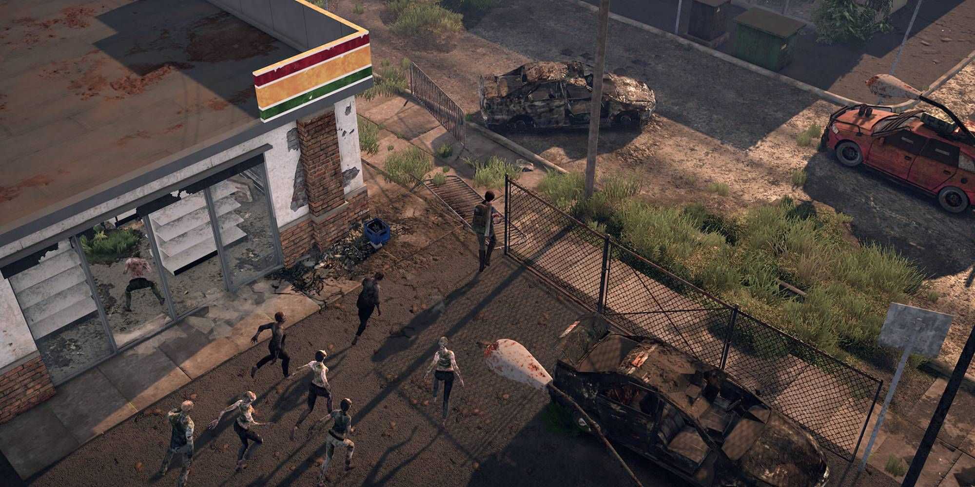 A human in an urban area being chased by zombies in The Last Stand: Aftermath