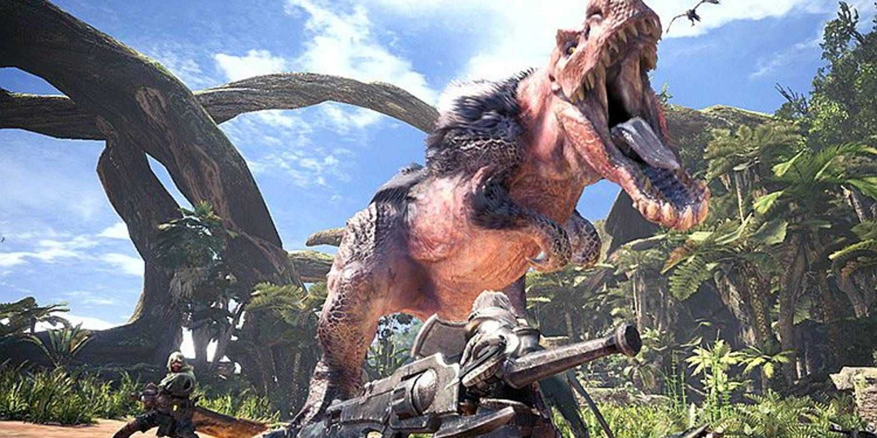 An Anjanath roaring from Monster Hunter World