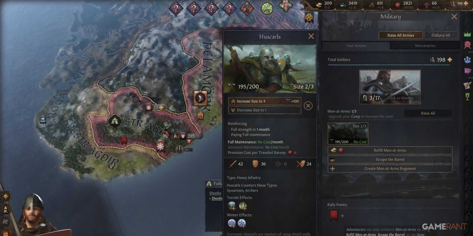 Expandindo unidades de Homens de Armas para Aventureiros Sem Terra em Crusader Kings 3, melhorando a força militar