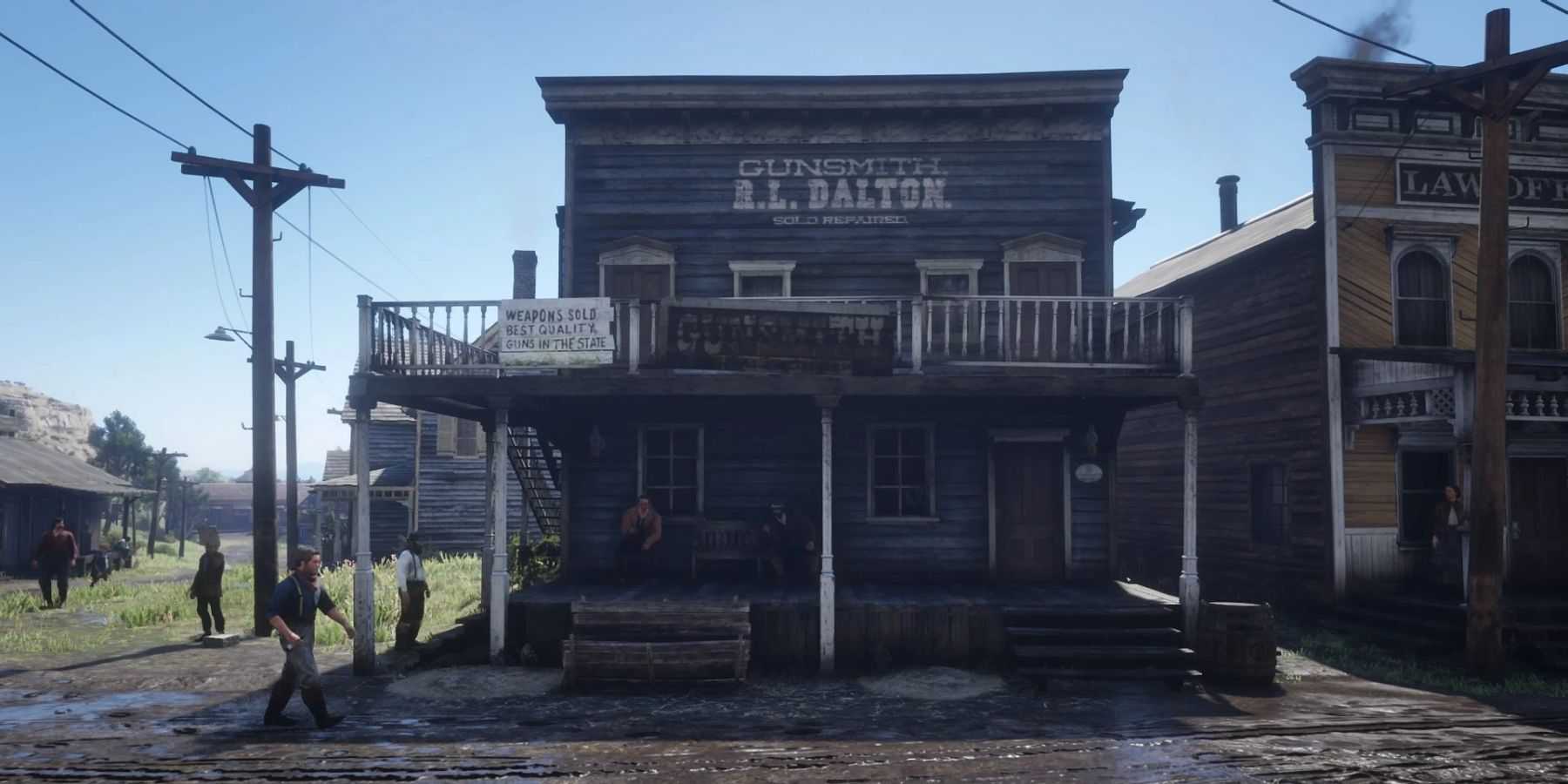 A screenshot from Red Dead Redemption 2, showing the gunsmith in Valentine.