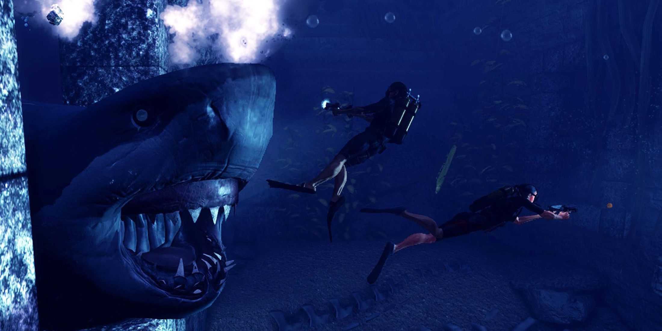 A shark attacking two deep-sea divers