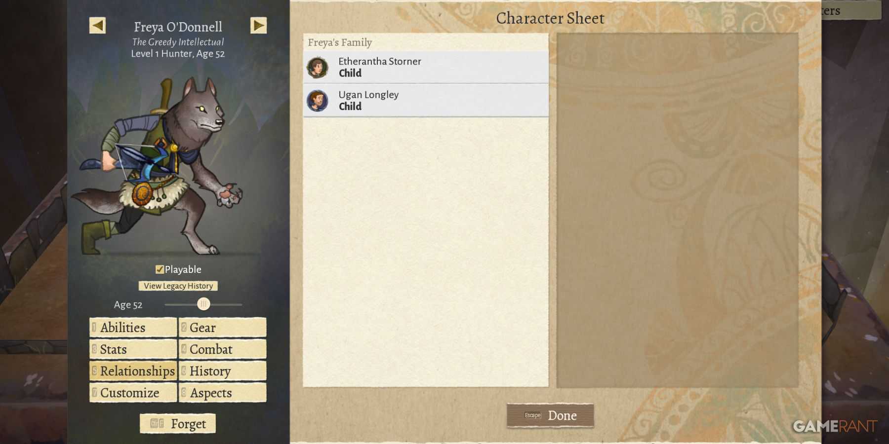 Character sheet showing a wolf-like hunter named Freya O'Donnell with family members in Wildermyth