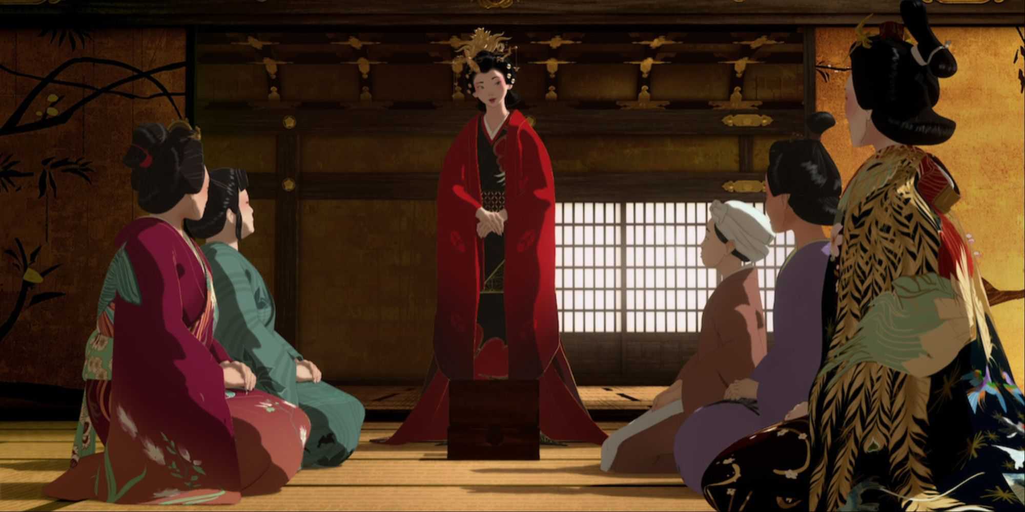 Akemi com madame Kaji e as meninas em seu quarto privado em samurai de olhos azuis