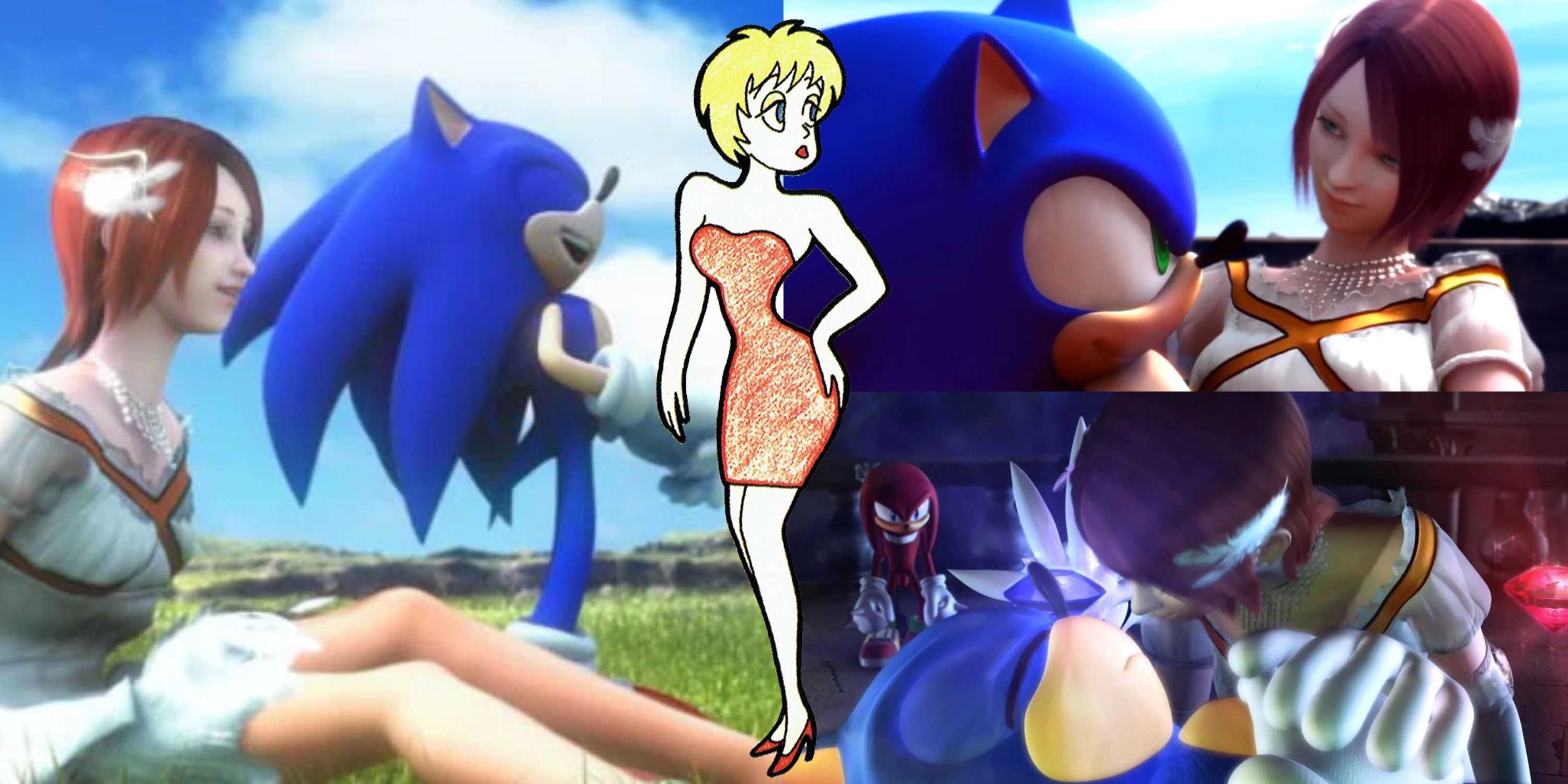 várias capturas de tela de Sonic e Princesa Elise, com arte conceitual abandonada para o personagem