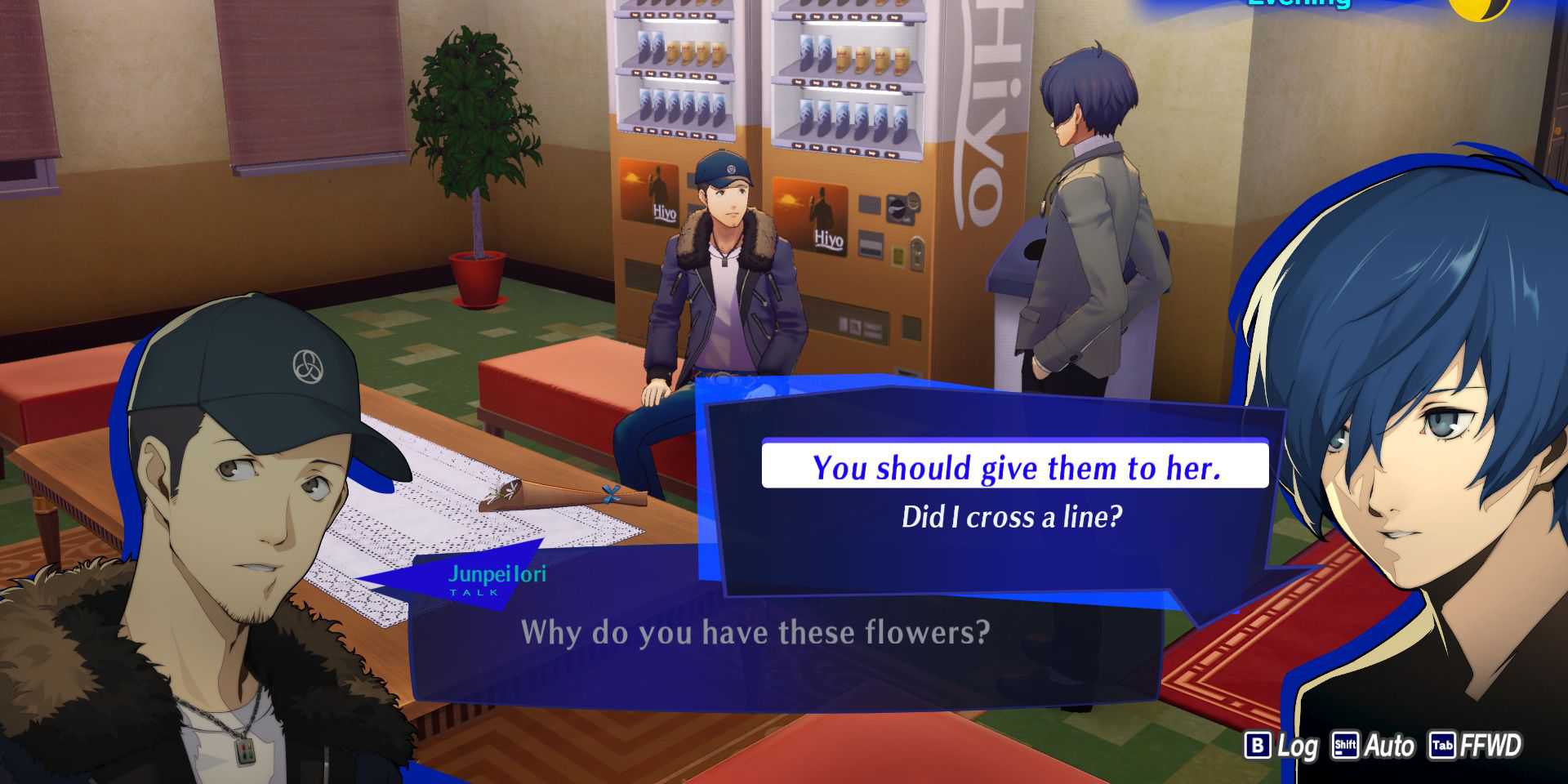 Image of the main character giving Junpei white flowers in Persona 3 Reload