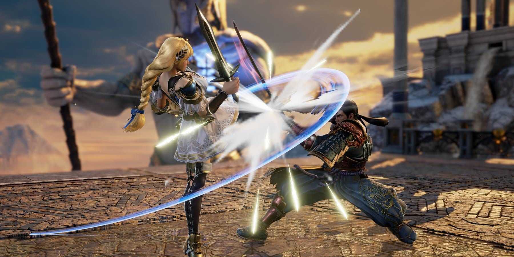 Sophitia e Mitsurugi se enfrentando em SoulCalibur 6