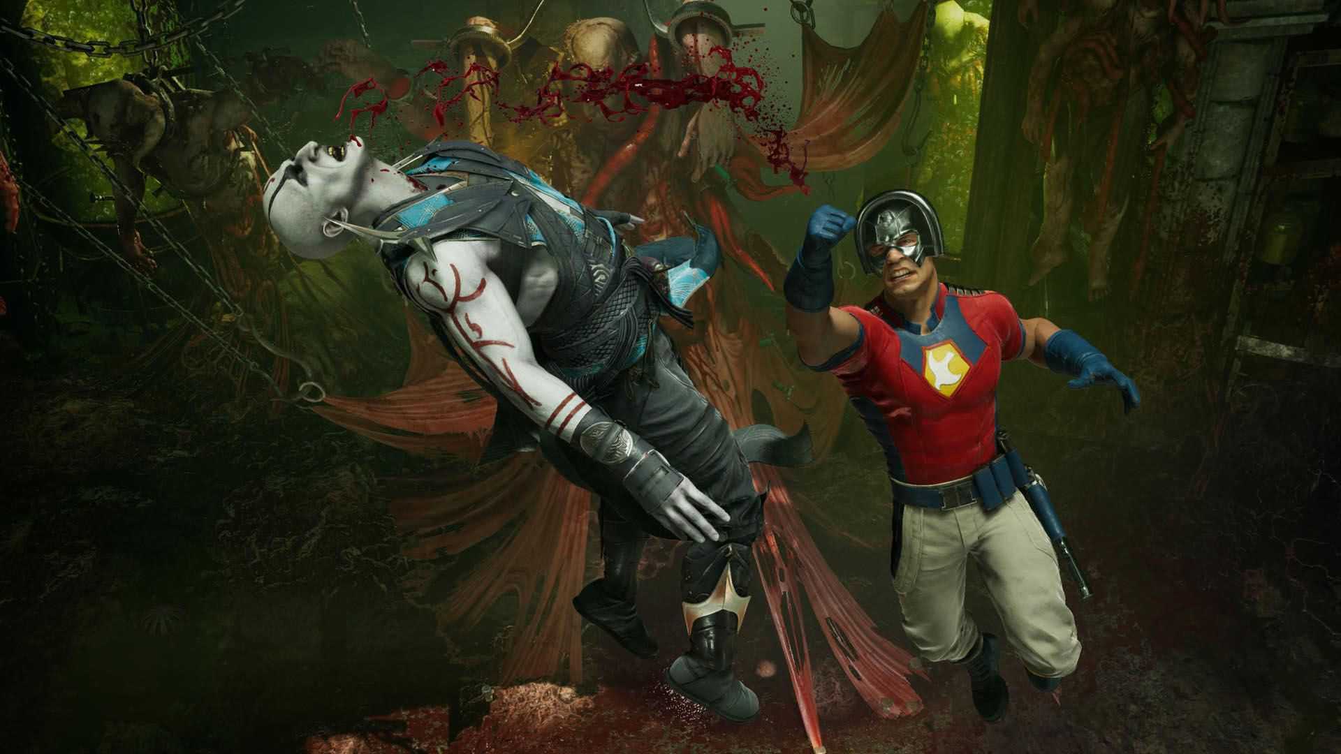 A screenshot of Peacemaker punching Quan Chi in Mortal Kombat 1.