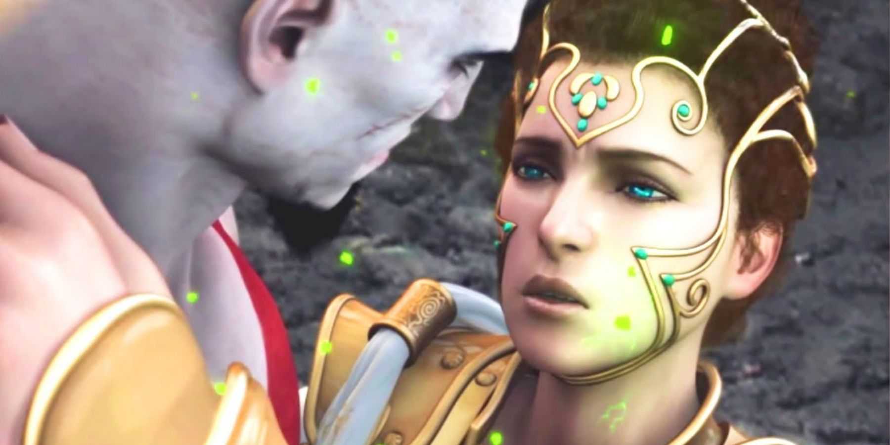 Atena abraça Kratos enquanto ela morre em 'God of War II'