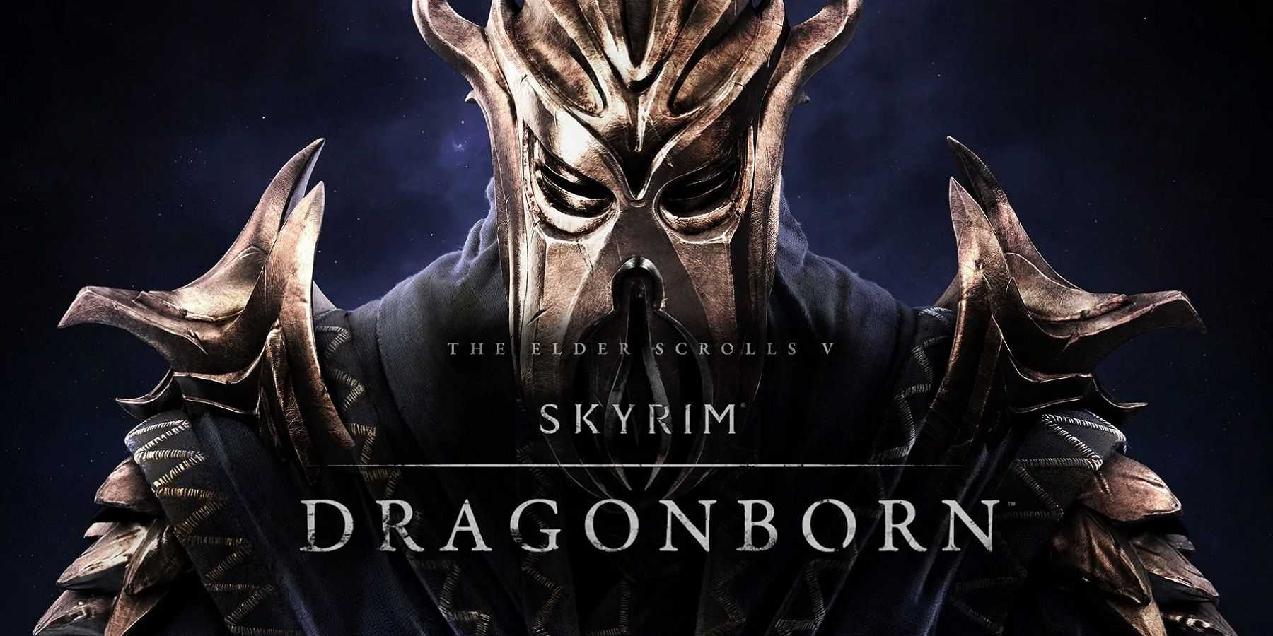 Imagem mostrando o título do DLC Skyrim Dragonborn com o sacerdote dragão Miraak atrás dele.