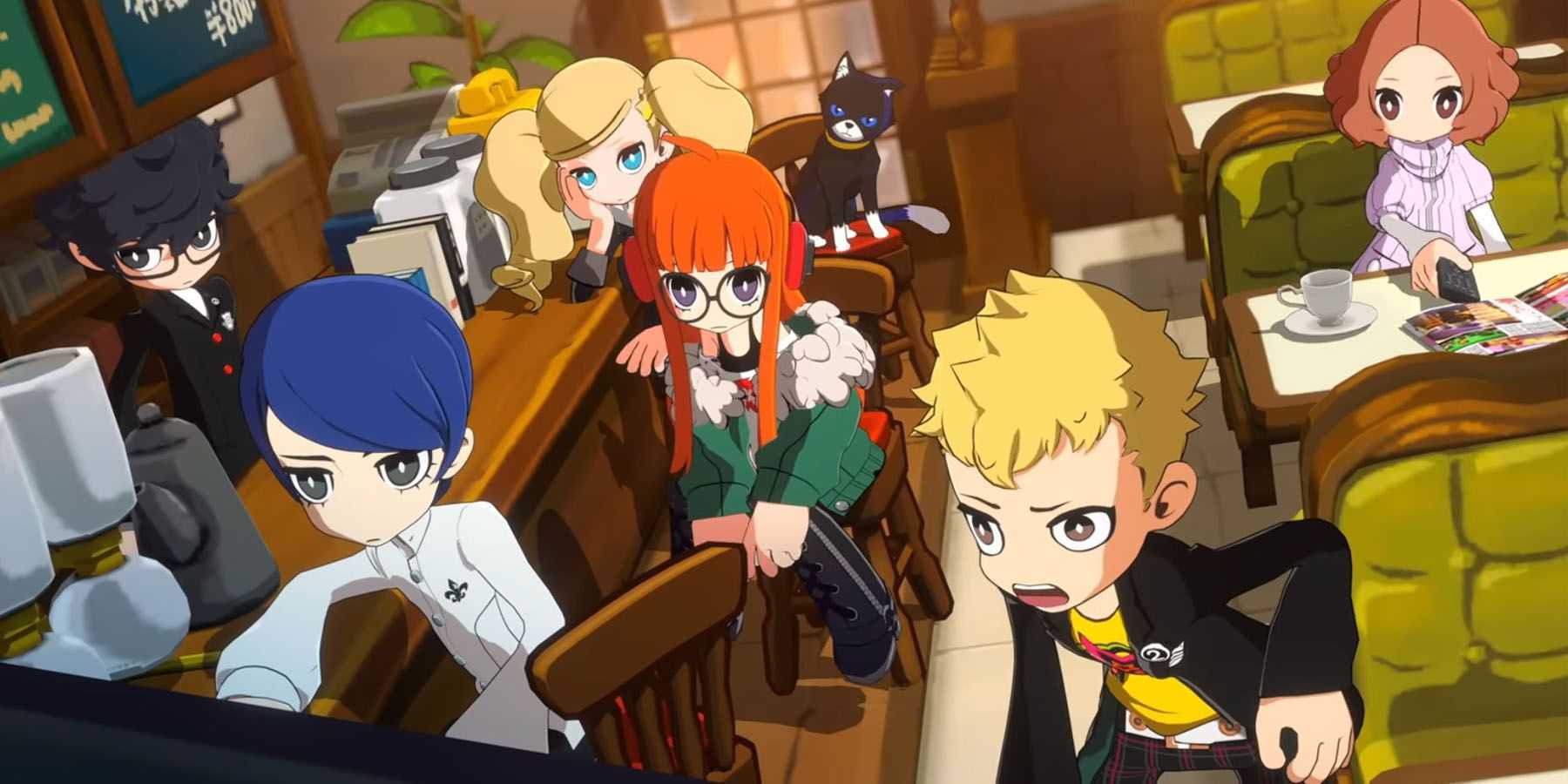 Uma captura de tela dos Phantom Theives sentados em seu ponto de encontro na cafeteria em Persona 5 Tactica.