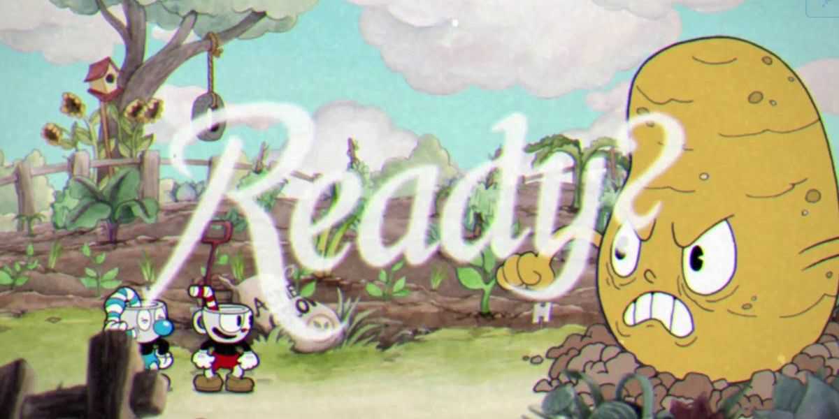 Cuphead e Mugman lutando contra o Root Pack