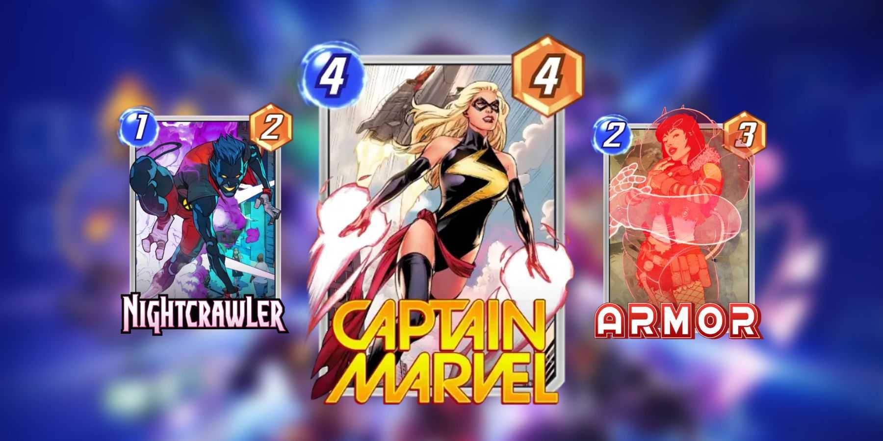 Capitão Marvel, Nightcrawler e armadura em Marvel Snap.