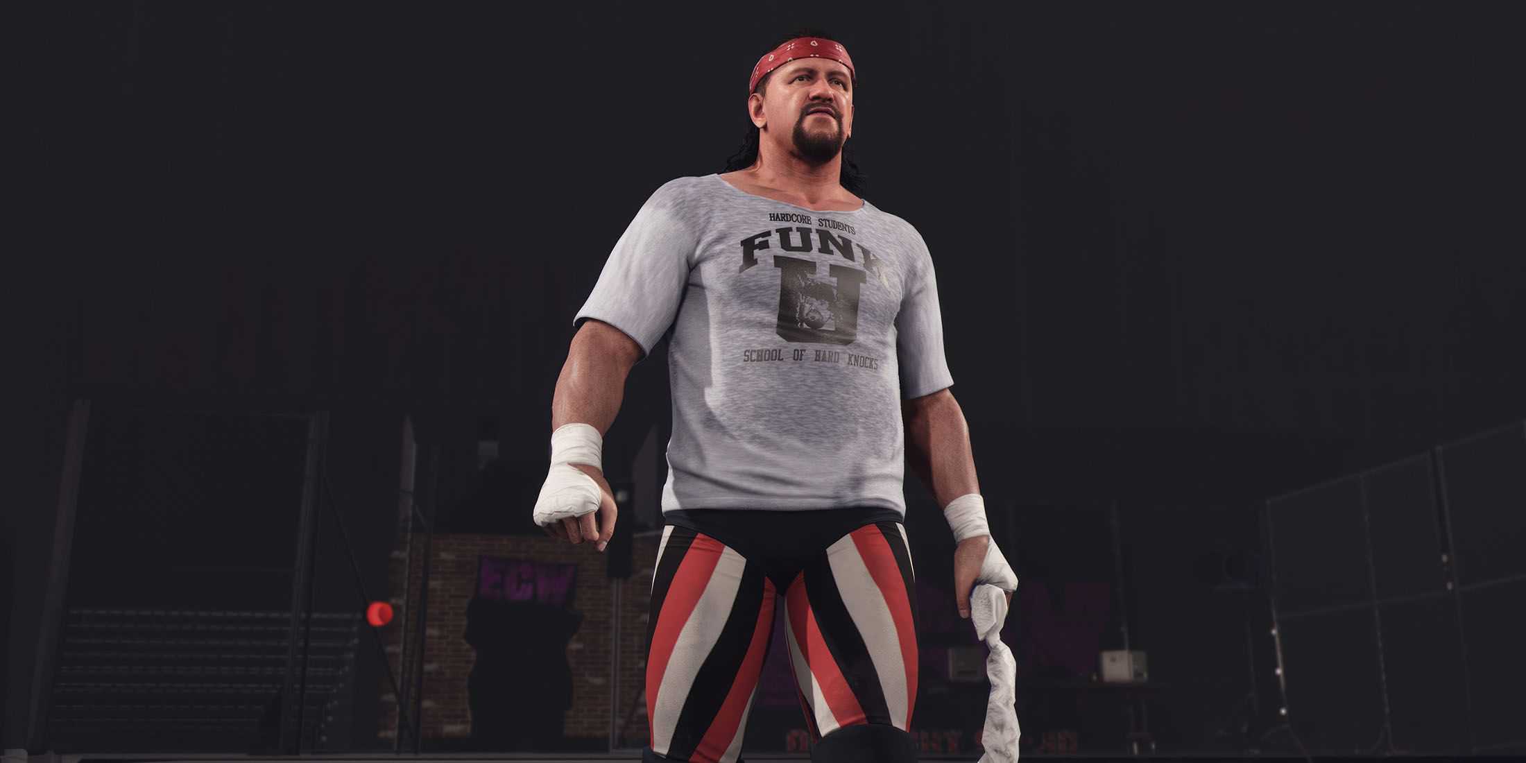 A screenshot of Terry Funk entering the ring in WWE 2K24.