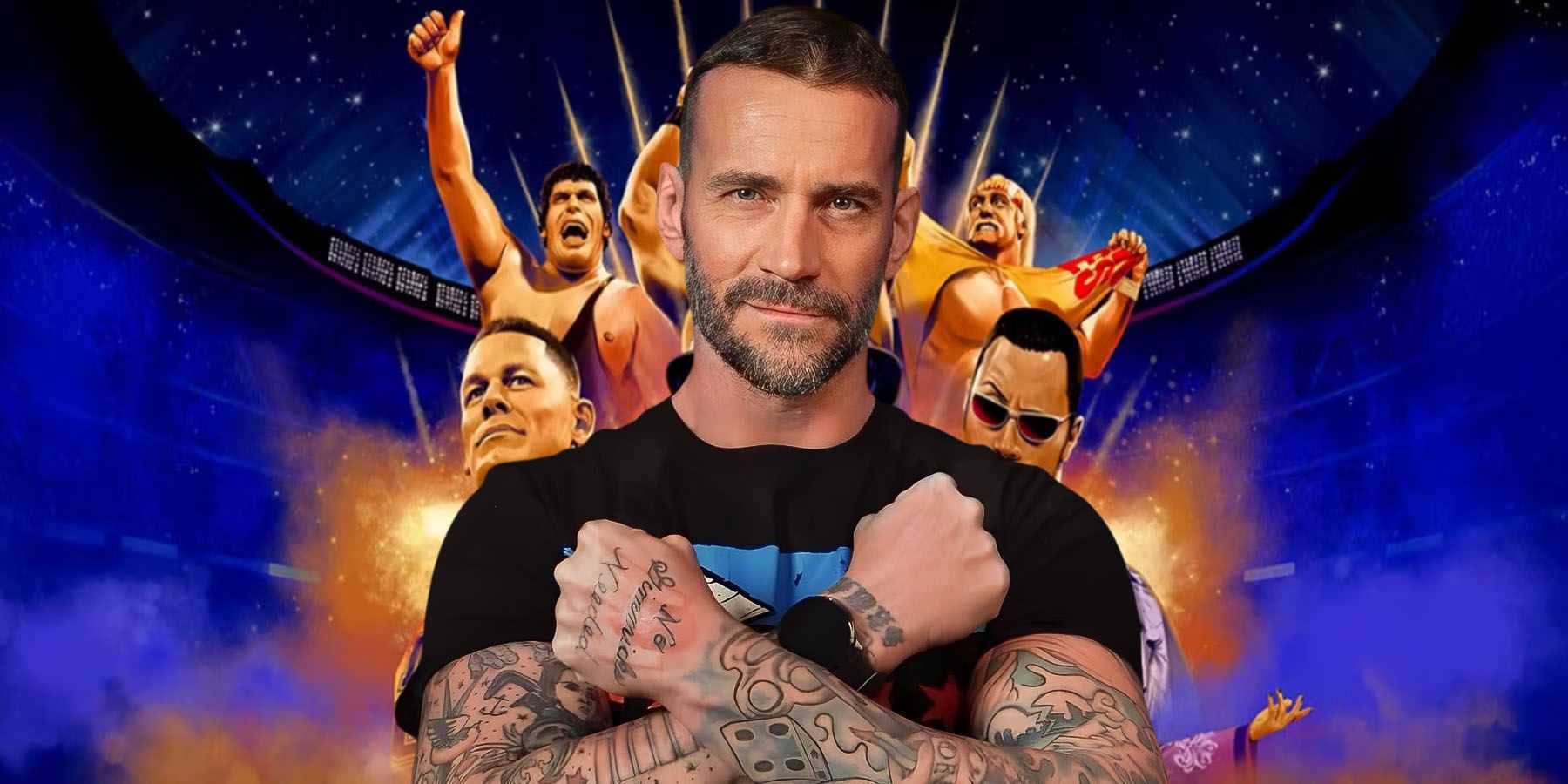 Uma imagem de CM Punk inserida na capa do WWE 2K24.